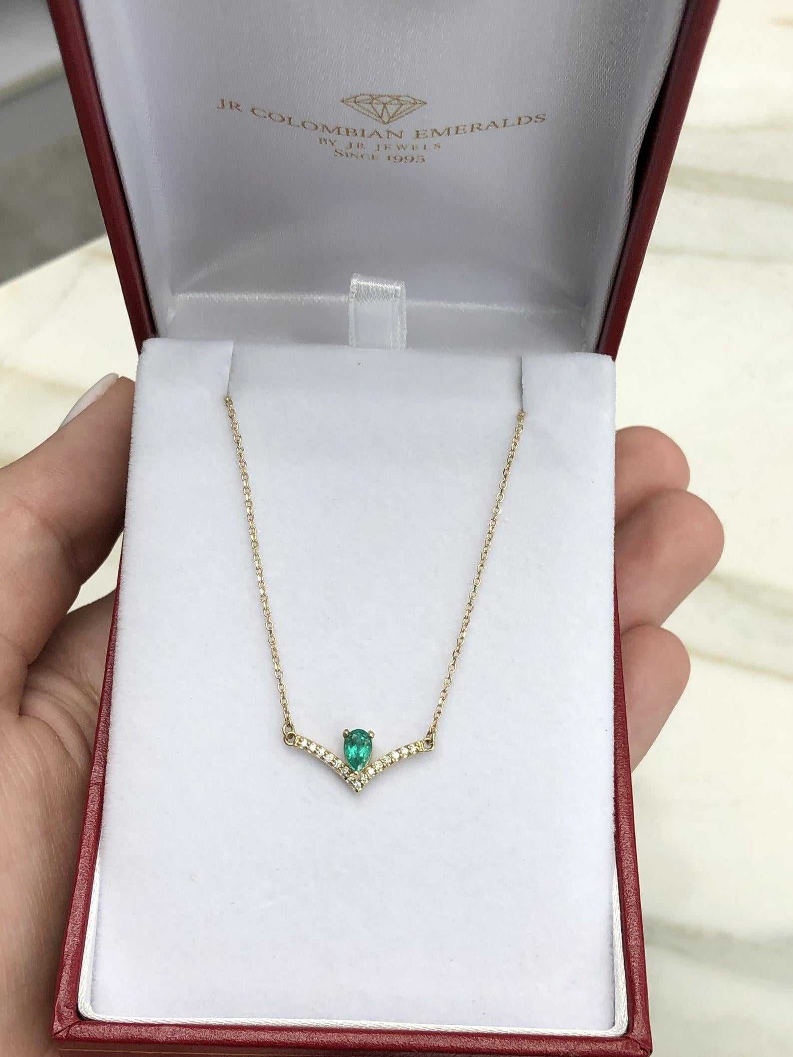 0.45tcw Natural Emerald Pear & Accented Diamond V Necklace 14K - Image 4