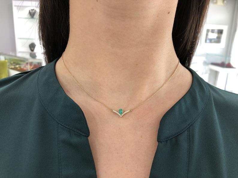 0.45tcw Natural Emerald Pear & Accented Diamond V Necklace 14K - Image 7