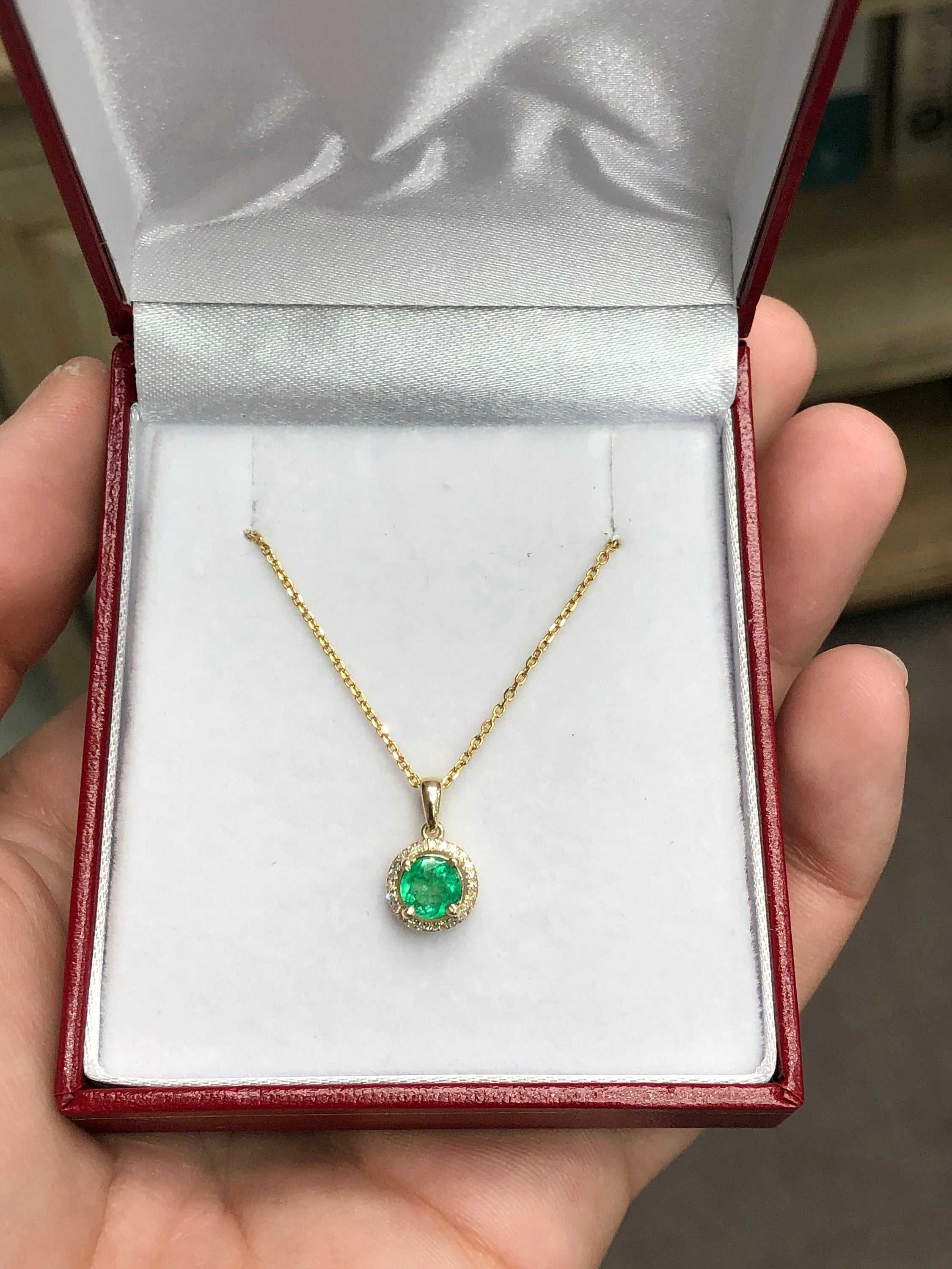0.80tcw Natural Round Rich Green Emerald & Diamond Pave Halo Pendant 14K - Image 3