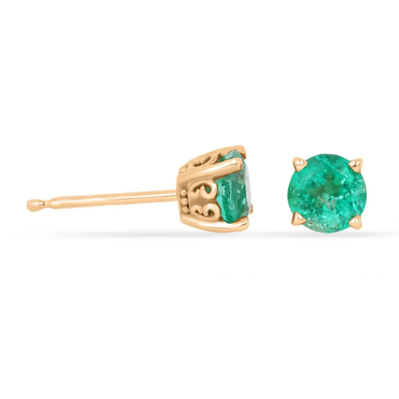 0.90tcw Round Cut Medium Deep Green Emerald Scroll Carved Stud Earrings 14K - Image 2
