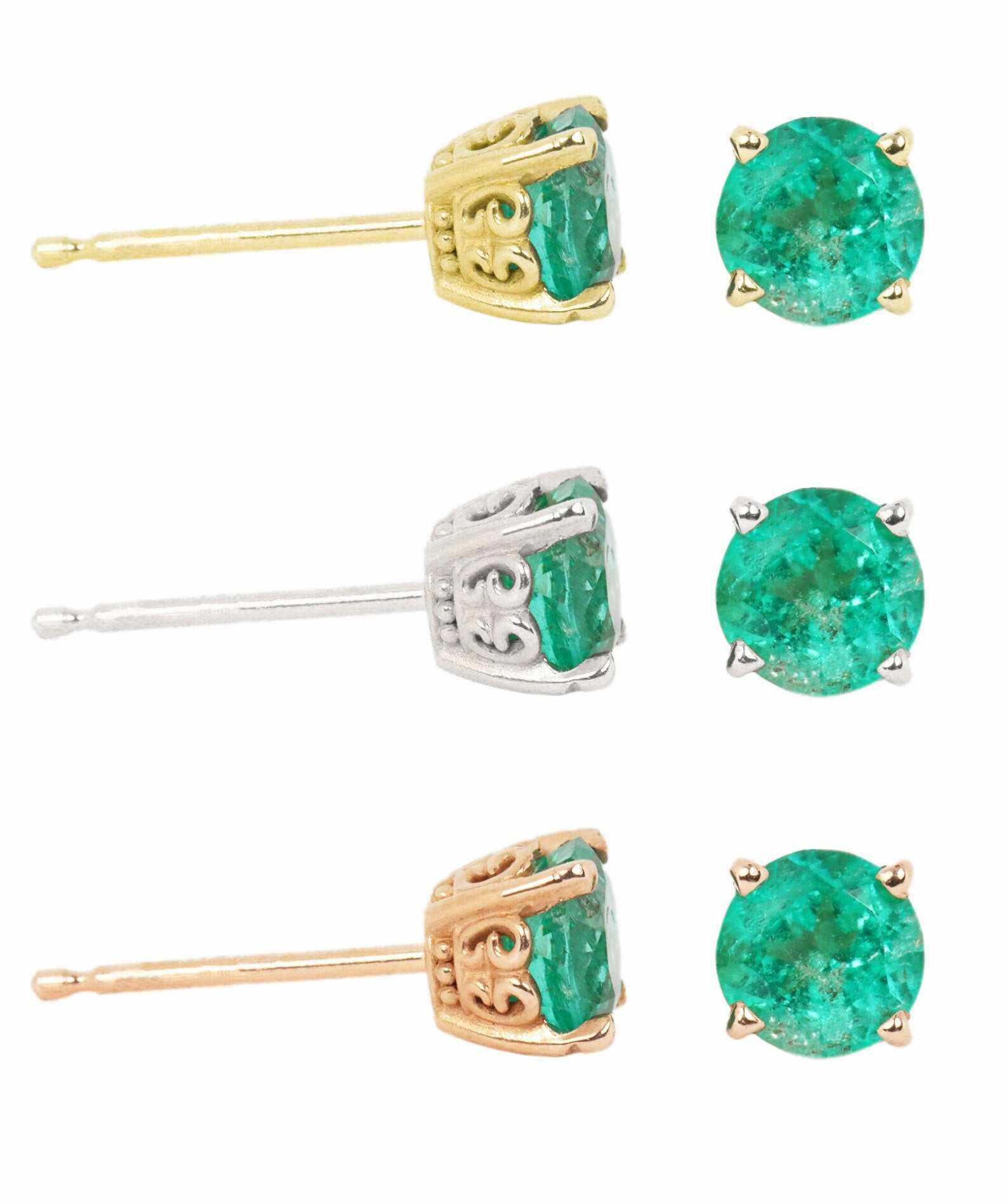 0.90tcw Round Cut Medium Deep Green Emerald Scroll Carved Stud Earrings 14K - Image 3