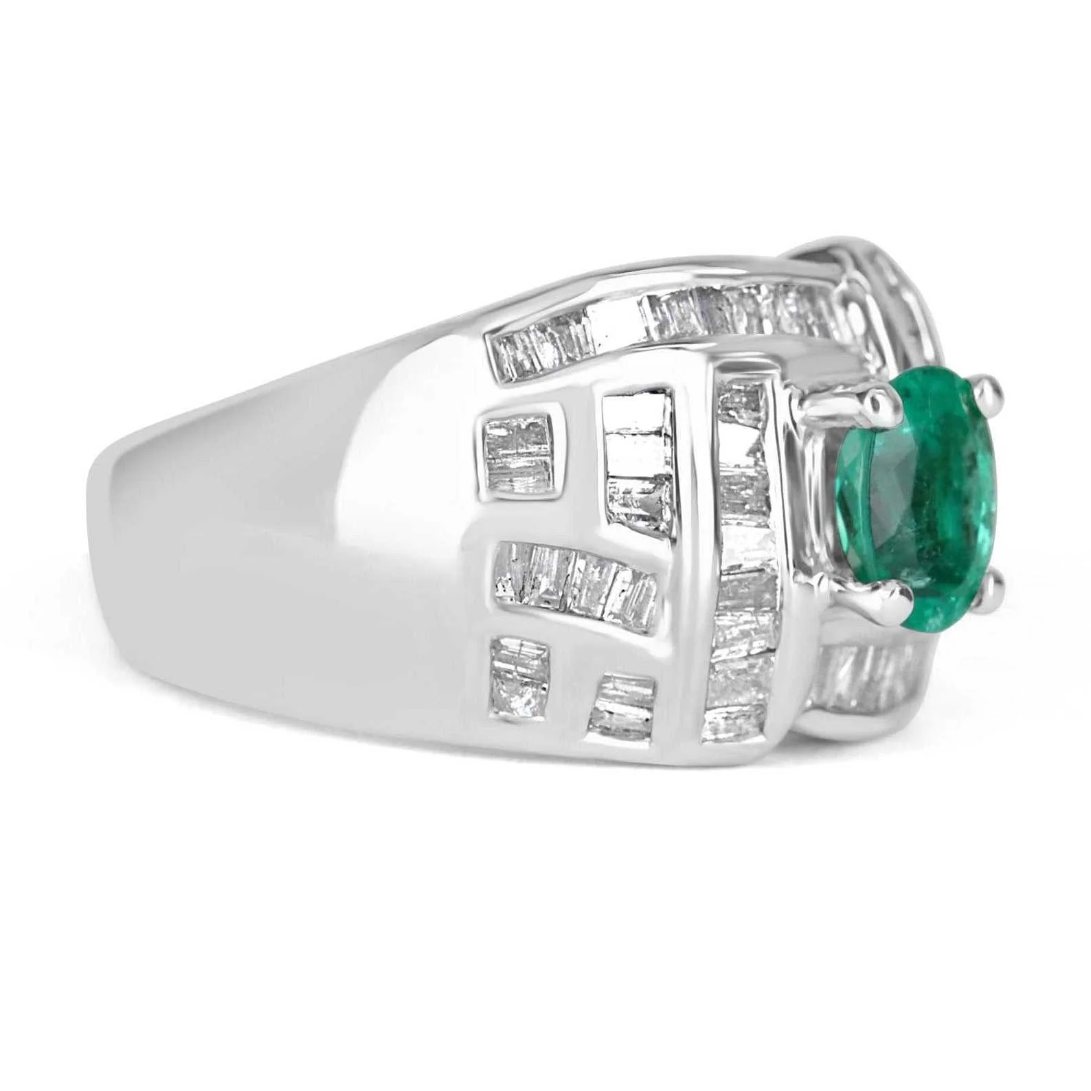 1.0tcw 18K Colombian Emerald-Oval Cut & Diamond Baguette Cocktail Ring - Image 2