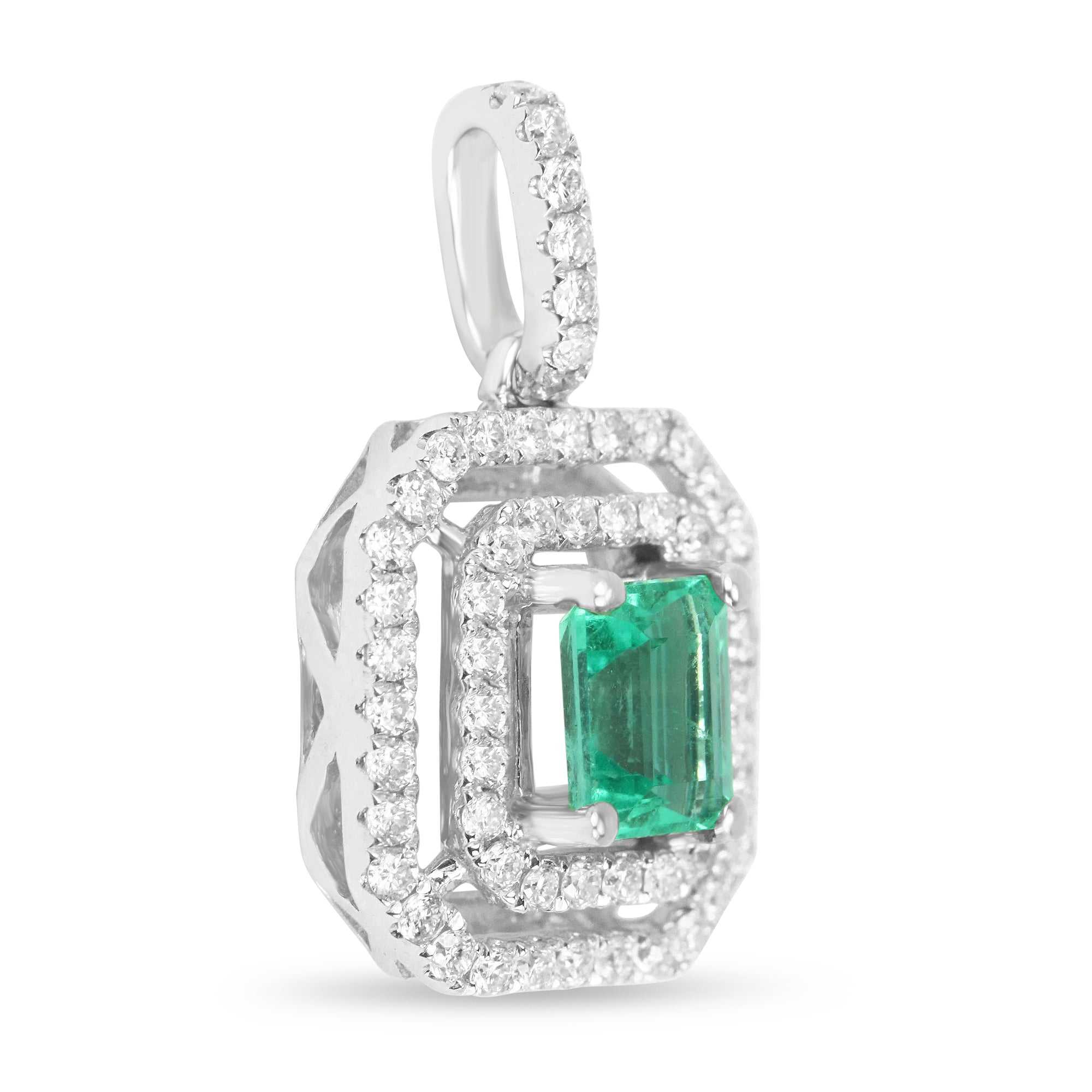 1.0tcw Colombian Emerald & Diamond Double Halo Necklace 14K - Image 3