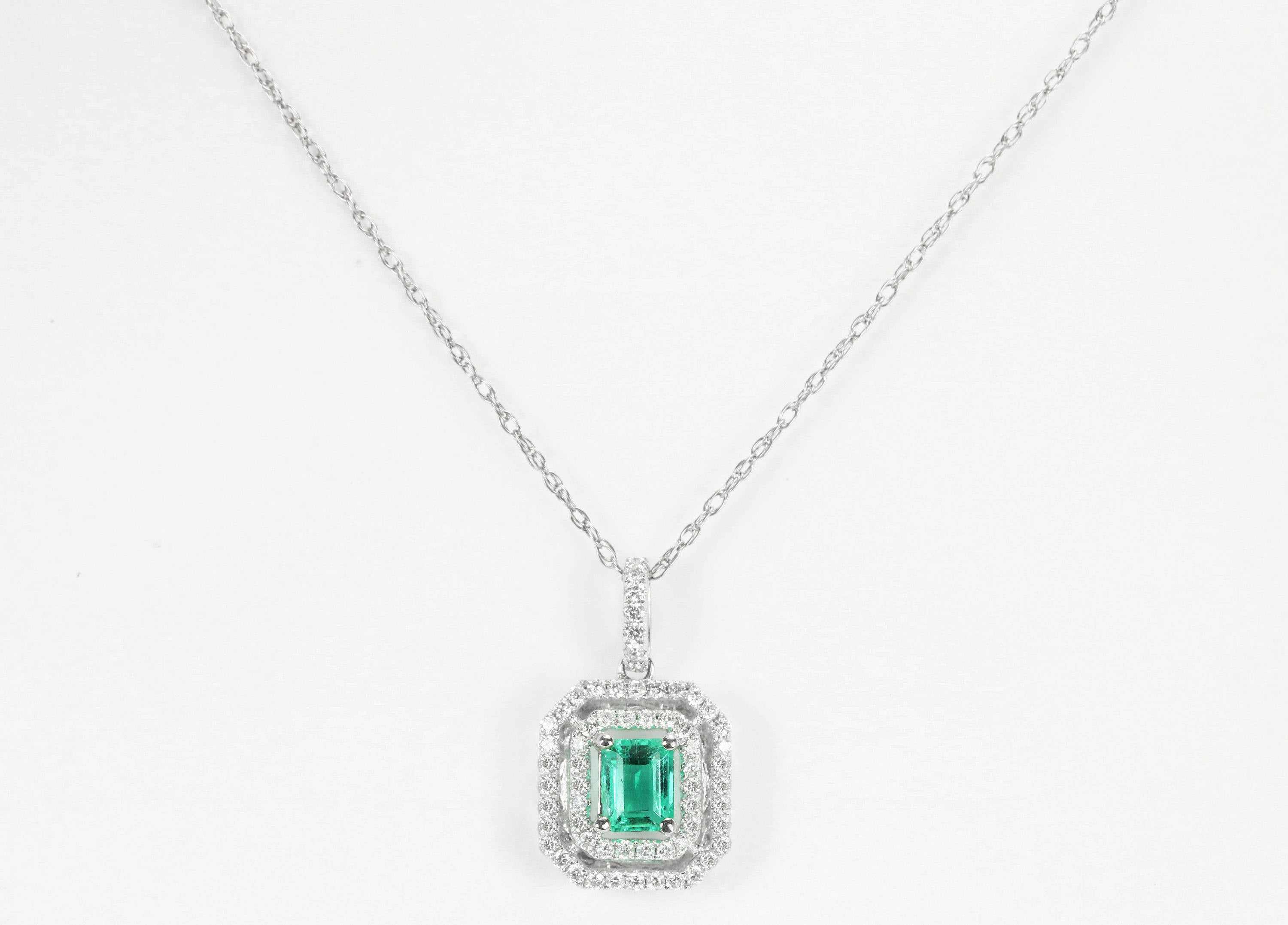 1.0tcw Colombian Emerald & Diamond Double Halo Necklace 14K - Image 6