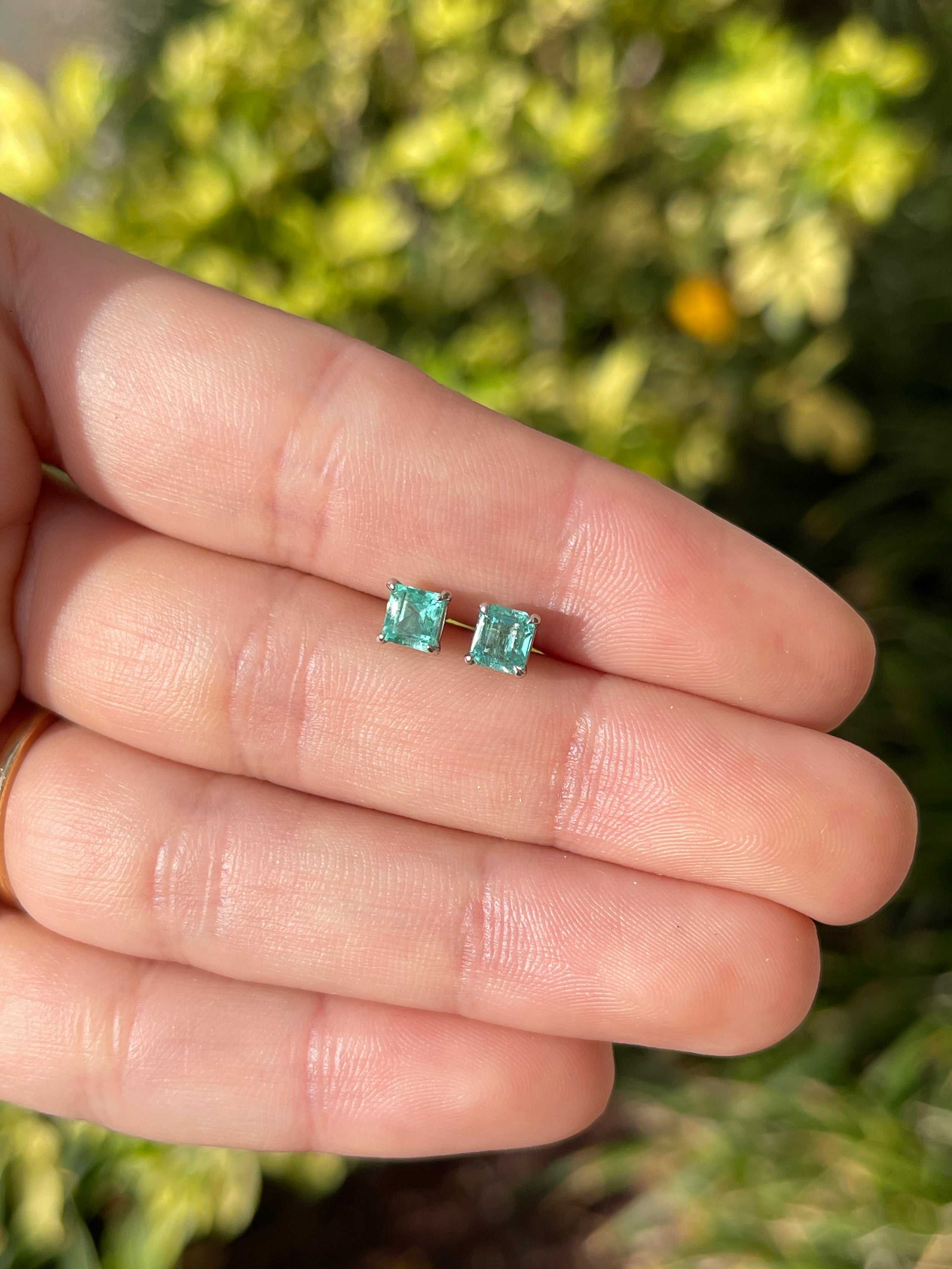 1.0tcw Petite Asscher Medium Bright Real Emerald Stud Earrings 14K - Image 8