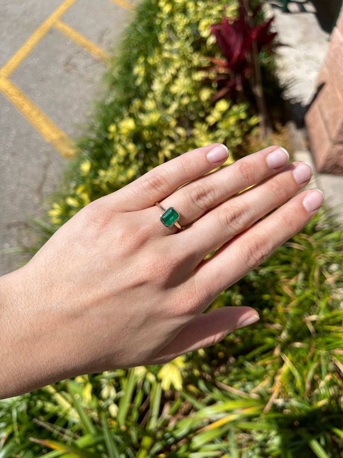 1.10 Carat Bezel Set Dark Green Emerald Cut Emerald Stackable Ring 14K - Image 3