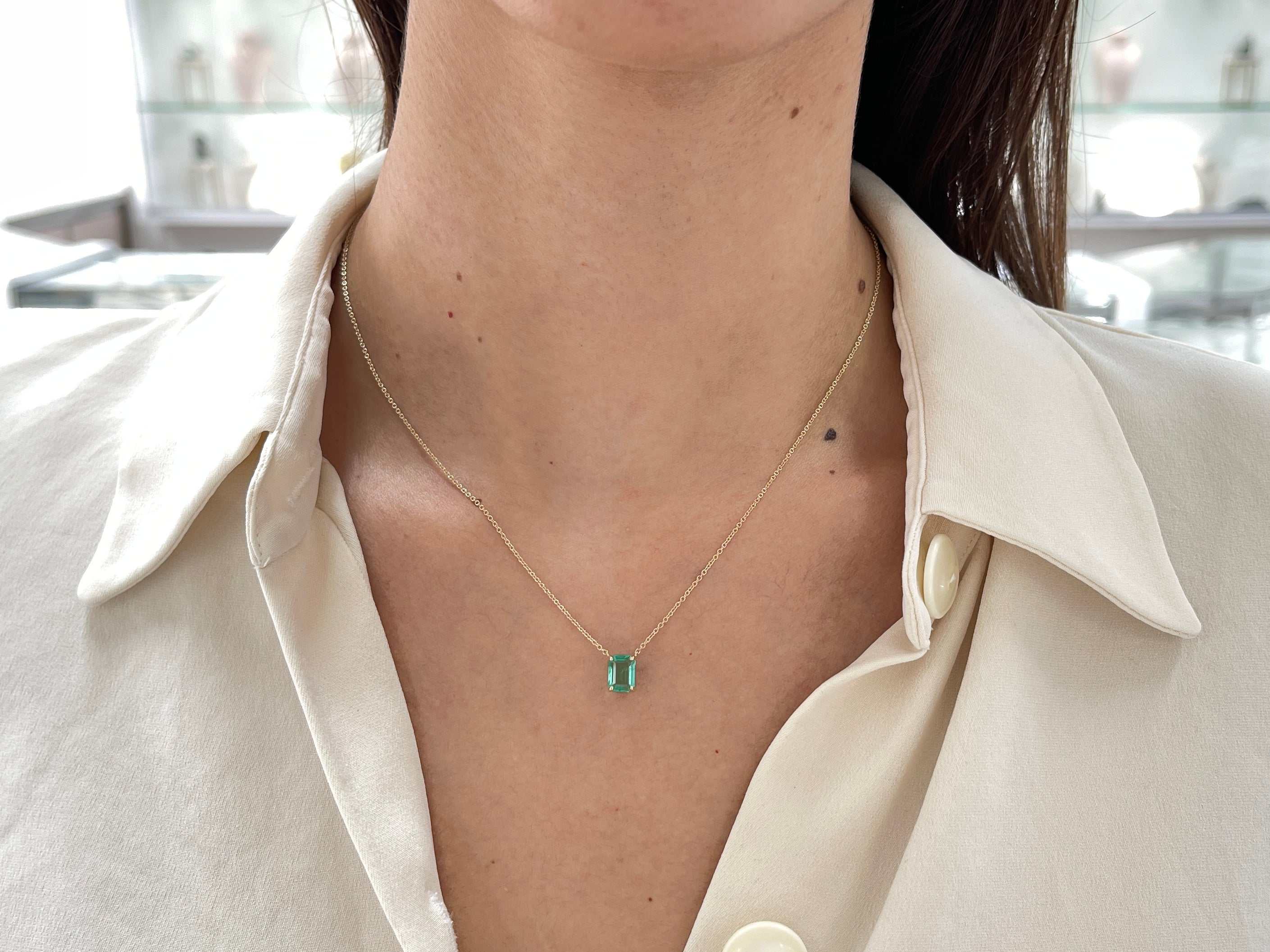 1.10 Carat Emerald North To South Stationary Necklace 14K - Image 11
