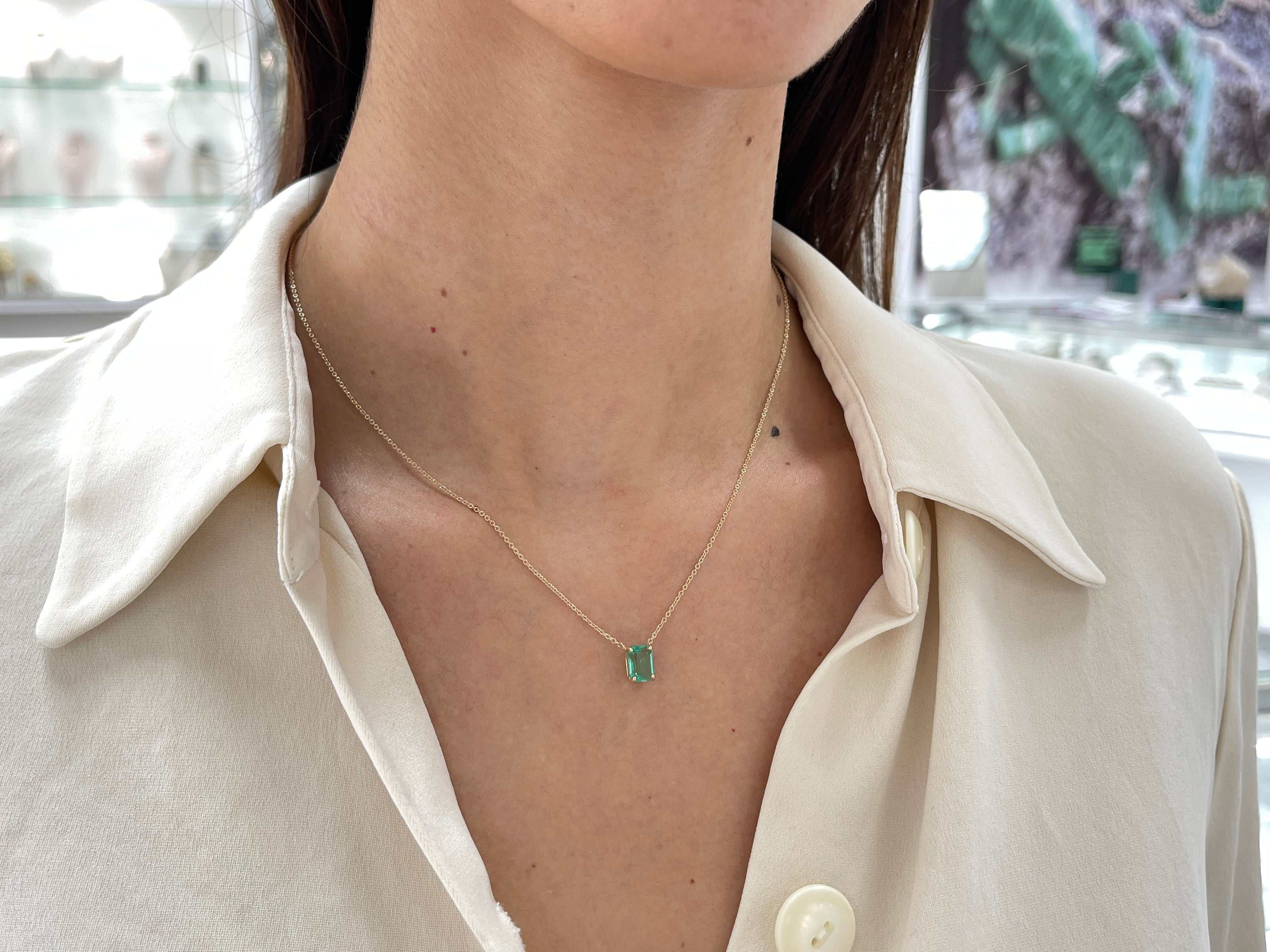 1.10 Carat Emerald North To South Stationary Necklace 14K - Image 12