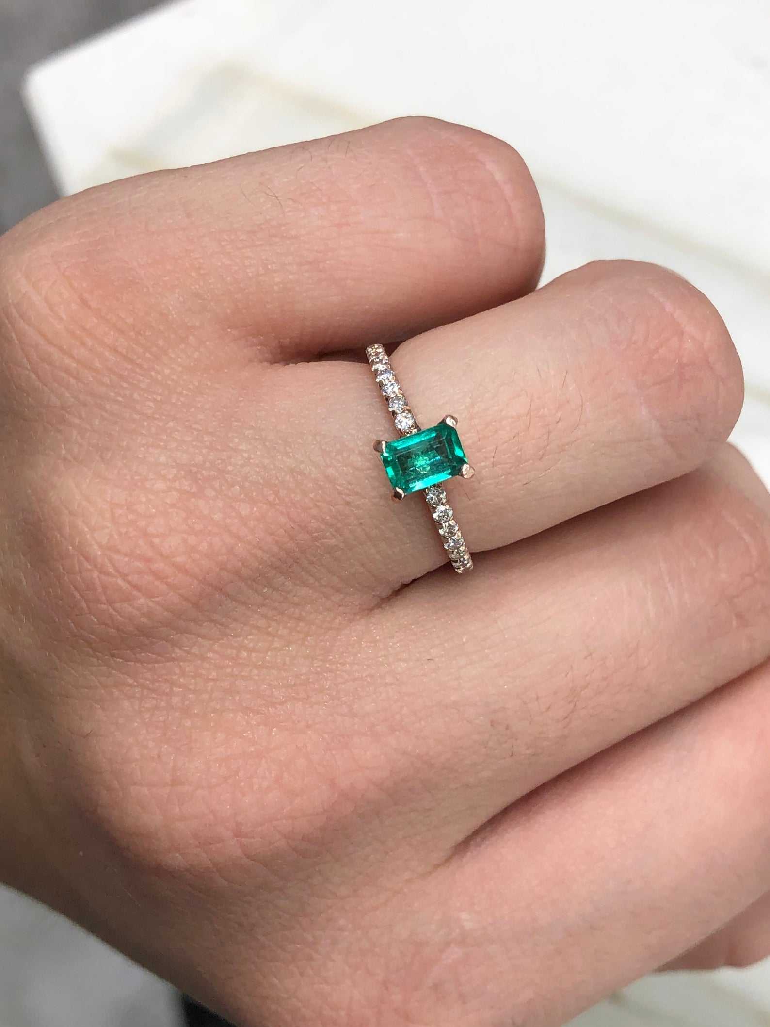 1.10tcw Dainty Solitaire Emerald & Diamond Accent Rose Gold Ring 14K - Image 4