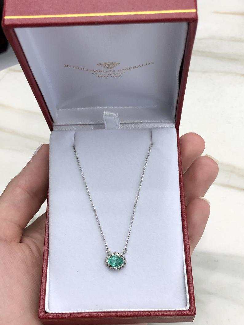 1.10tcw East to West Oval Emerald & Diamond Halo Necklace 14K - Image 3