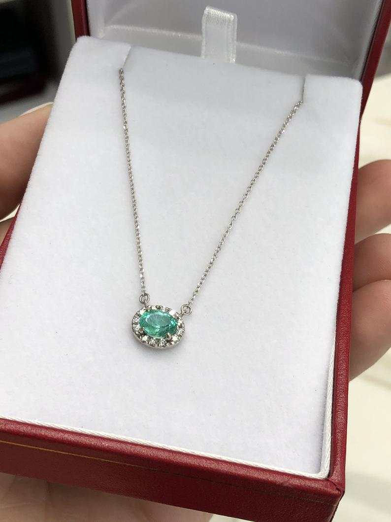 1.10tcw East to West Oval Emerald & Diamond Halo Necklace 14K - Image 7