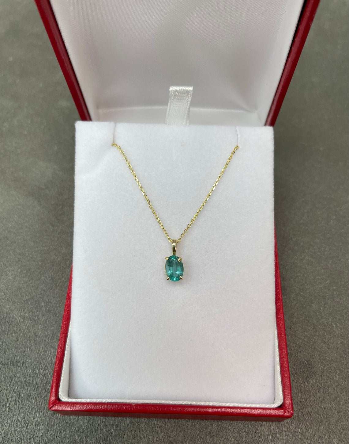 1.15 Carat Natural Bluish Green Oval Cut Emerald Solitaire Pendant 14K - Image 3