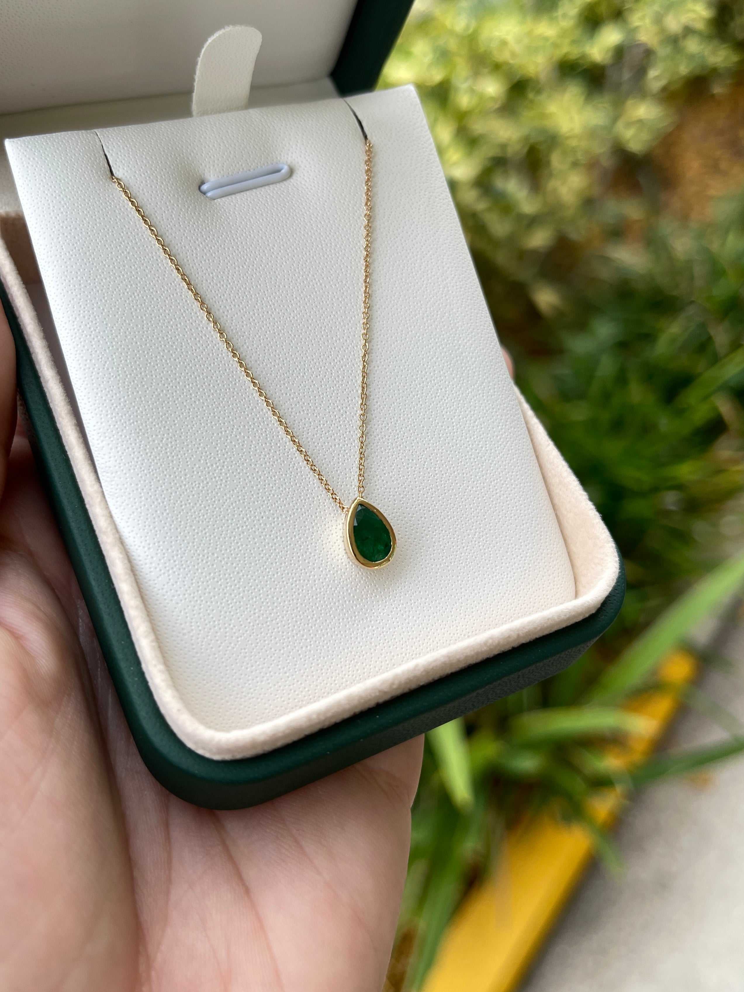1.20 Carat Medium Rich Green Pear Cut Natural Emerald Bezel Slider Necklace 14K - Image 3