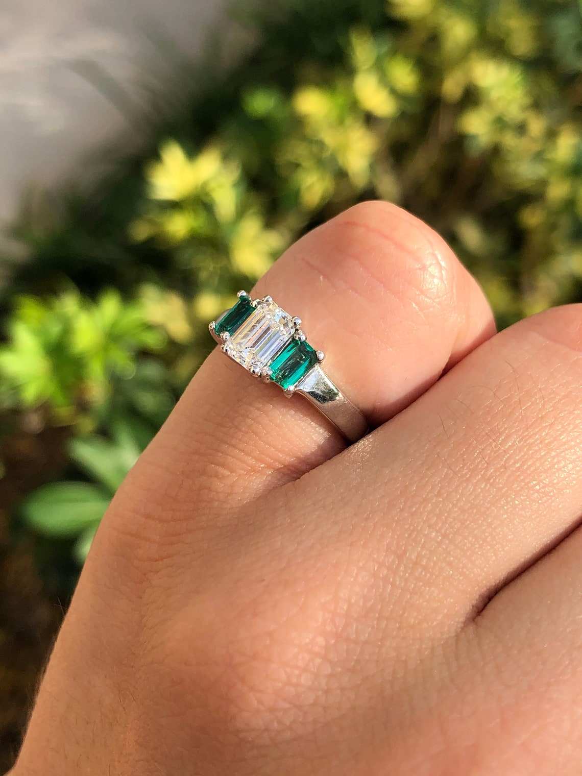 1.27tcw Classic Three Stone Diamond & Emerald Engagement Ring 14K - Image 5