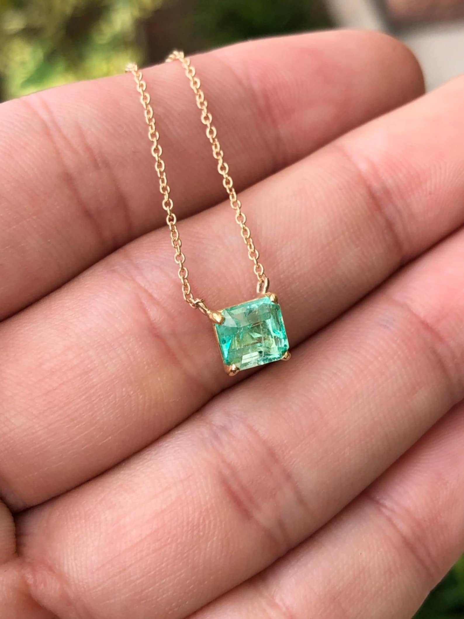 1.30 Carat Solitaire Rich Green Colombian Emerald-Emerald Cut Necklace 14K - Image 4