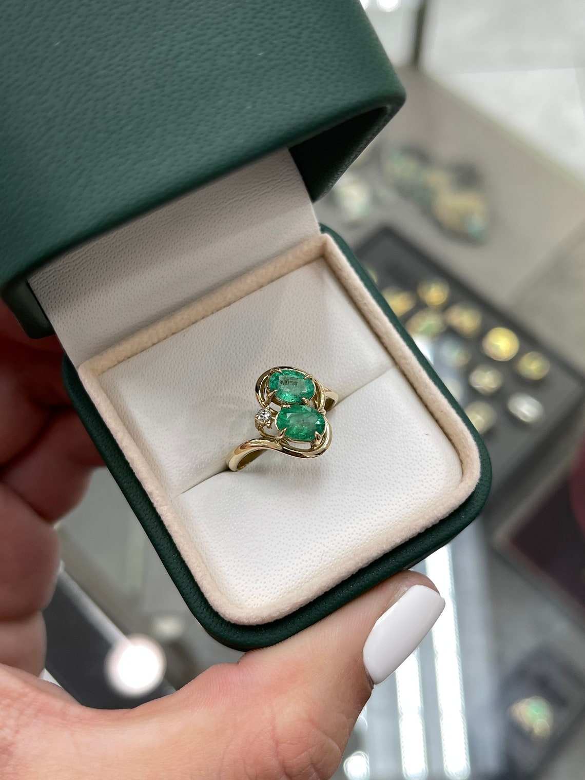 1.48tcw 14K Solid Natural Emerald-Oval Cut & Petite Diamond Accent Dual Ring - Image 9