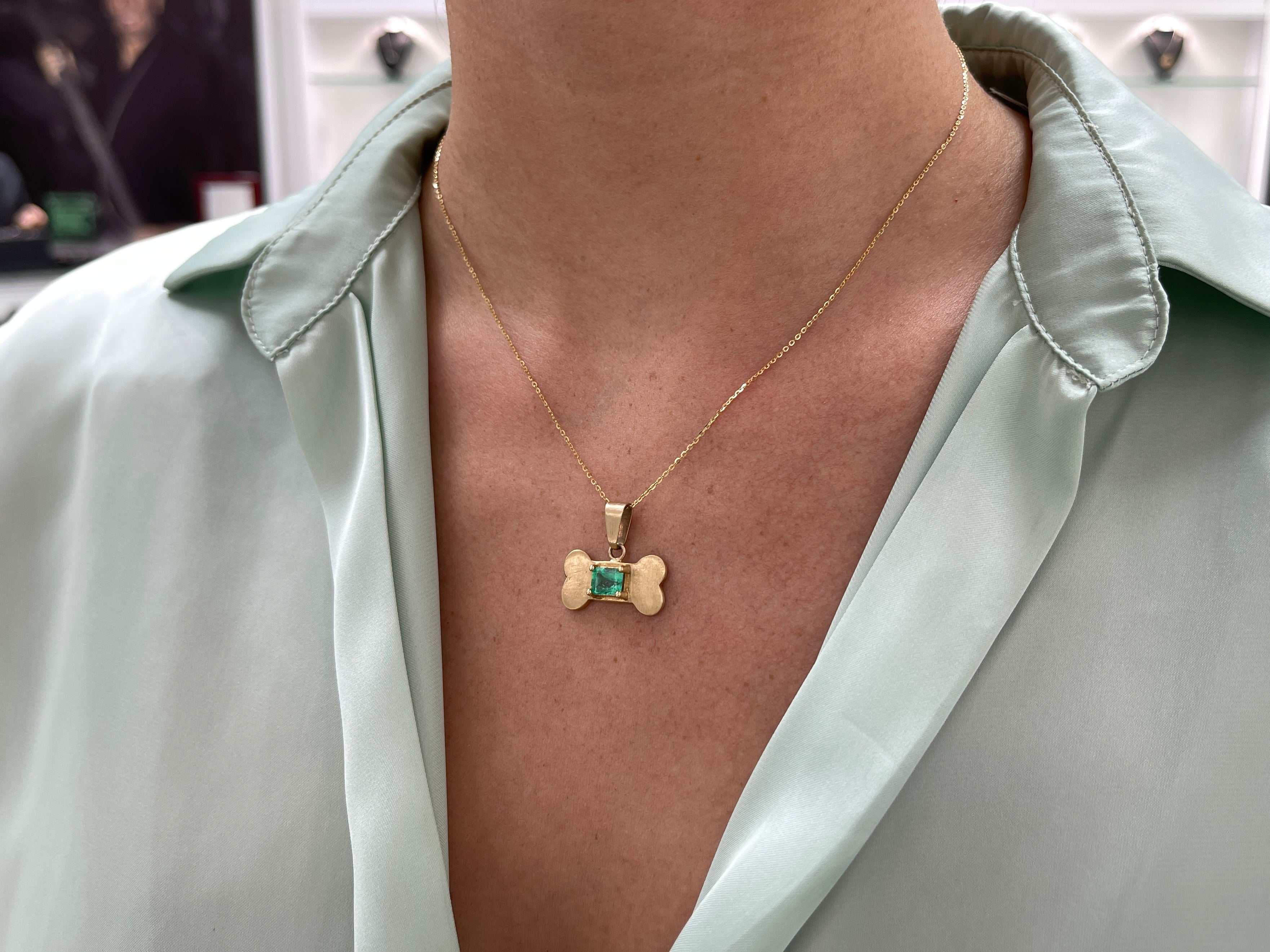 1.50 Carat Dog Bone Emerald Cut Emerald Prong Necklace 14K - Image 6