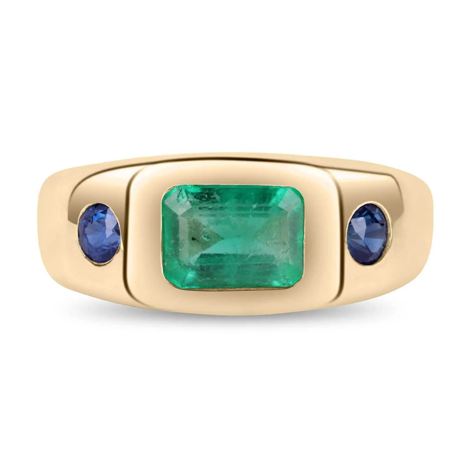 1.60tcw Gypsy 3 Stone Emerald Cut Emerald & Blue Sapphire Boho Ring 14K