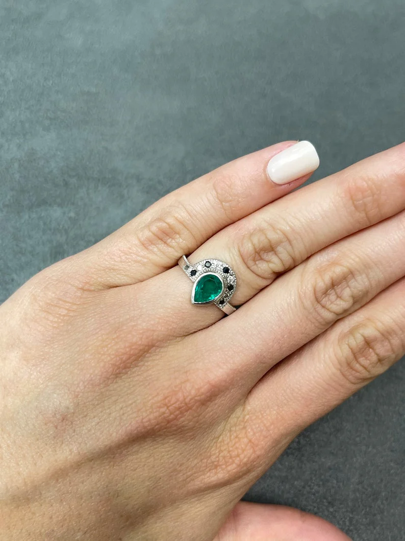 1.63tcw 14K Emerald Pear Cut Black Diamond Tiara Ring - Image 3