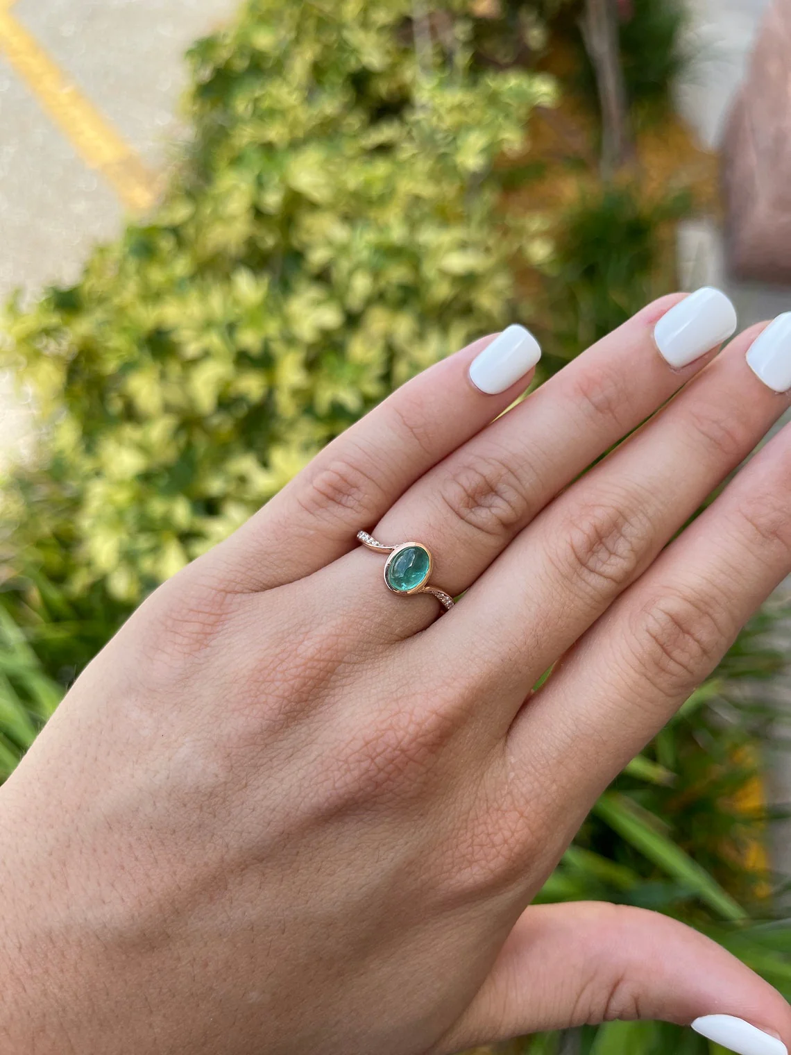1.65tcw 14K Bypass Natural Emerald Cabochon Oval Cut & Diamond Accent Multi Gemstone Statement Ring - Image 3