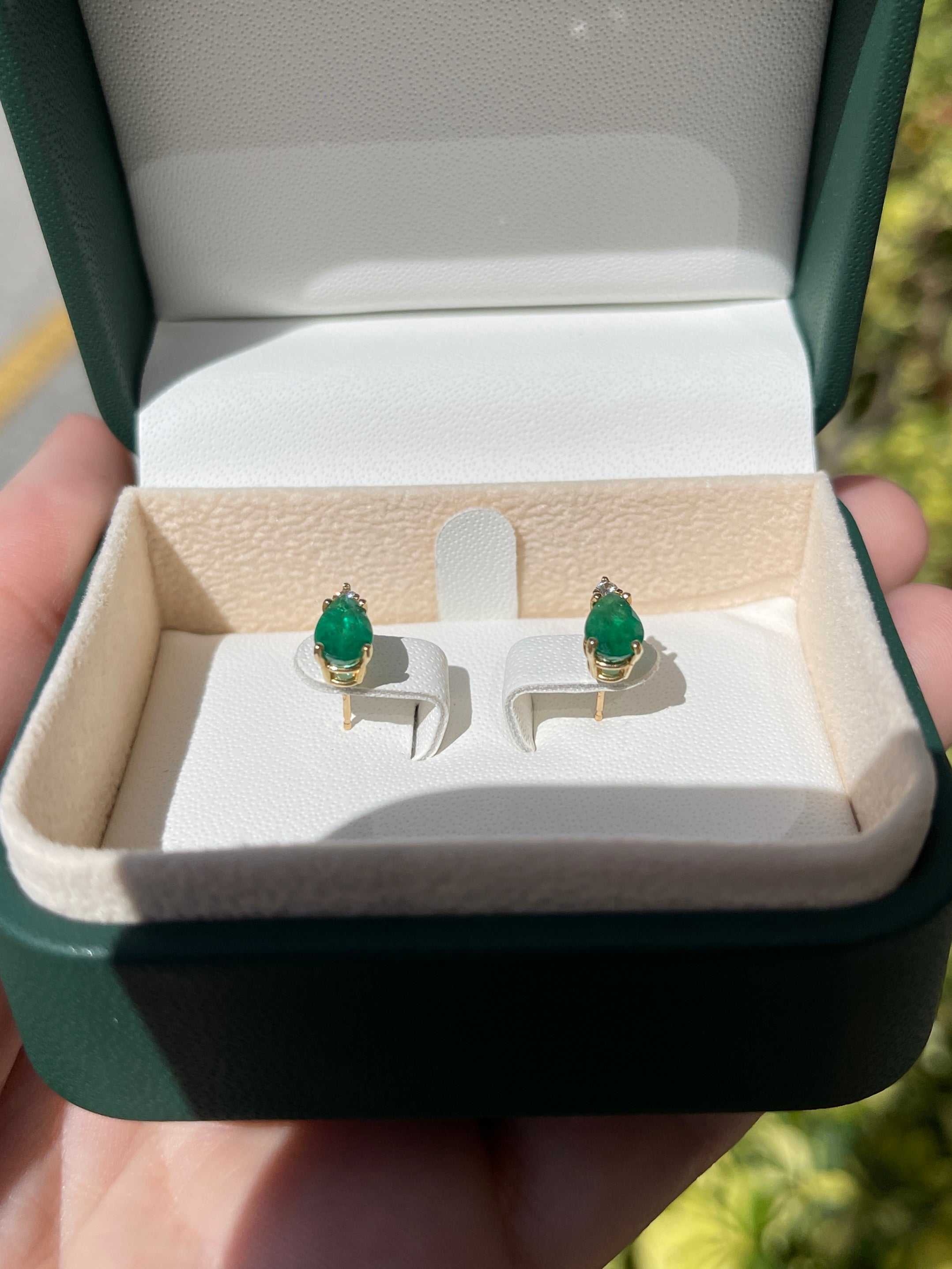 1.66tcw Tear Drop Natural Emerald & Diamond Stud Earrings 14K - Image 5