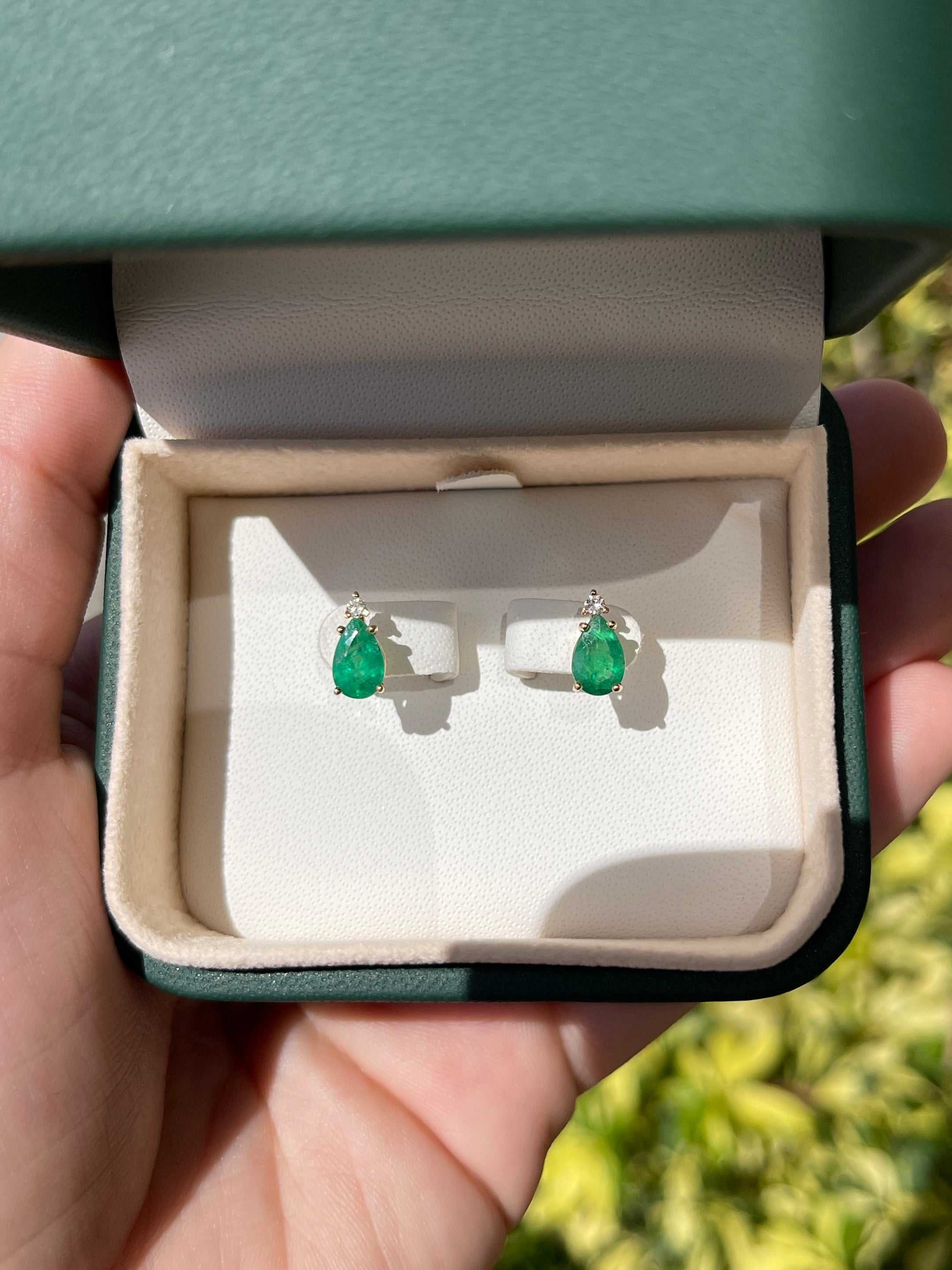 1.66tcw Tear Drop Natural Emerald & Diamond Stud Earrings 14K - Image 6