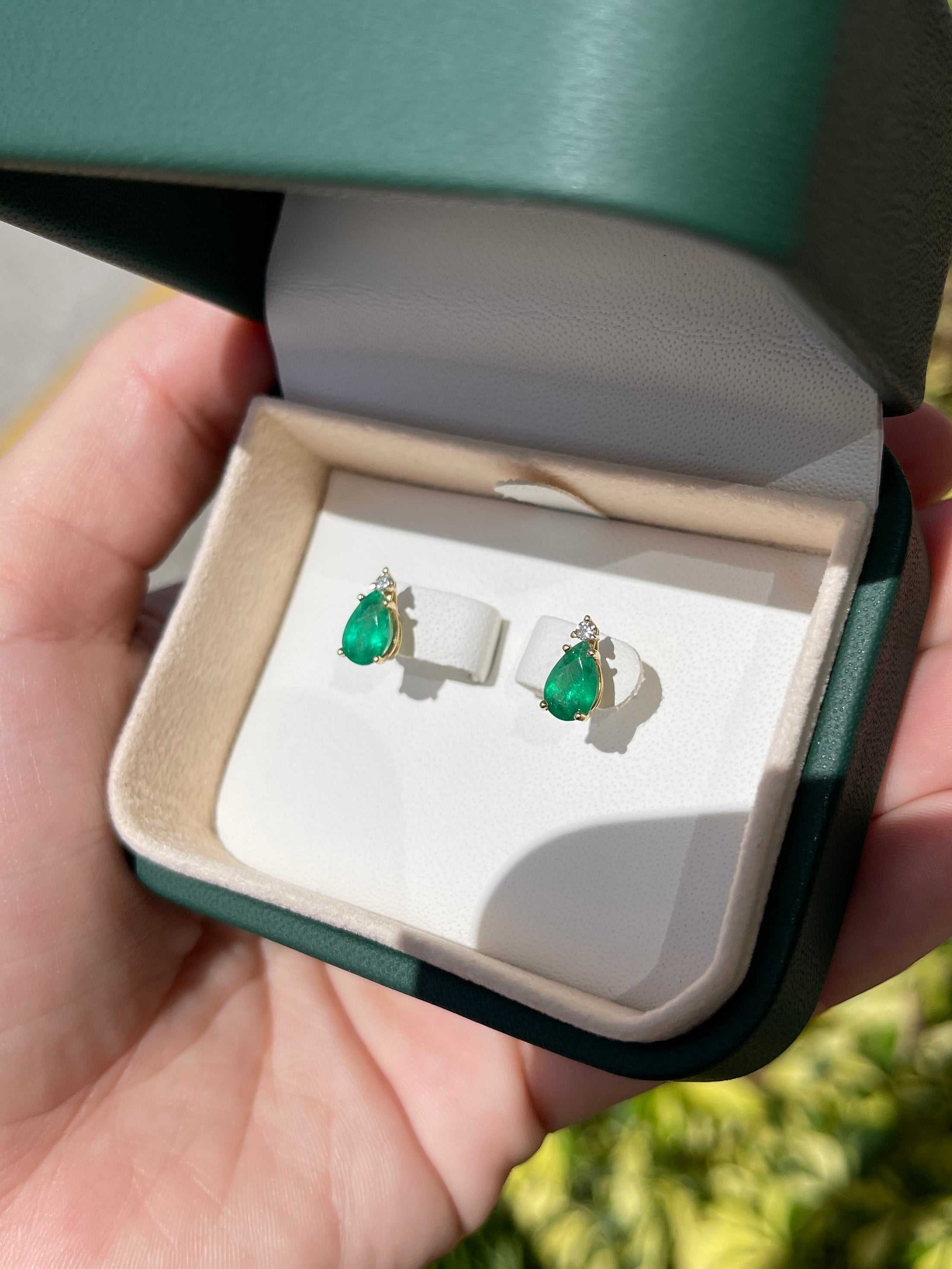 1.66tcw Tear Drop Natural Emerald & Diamond Stud Earrings 14K - Image 7