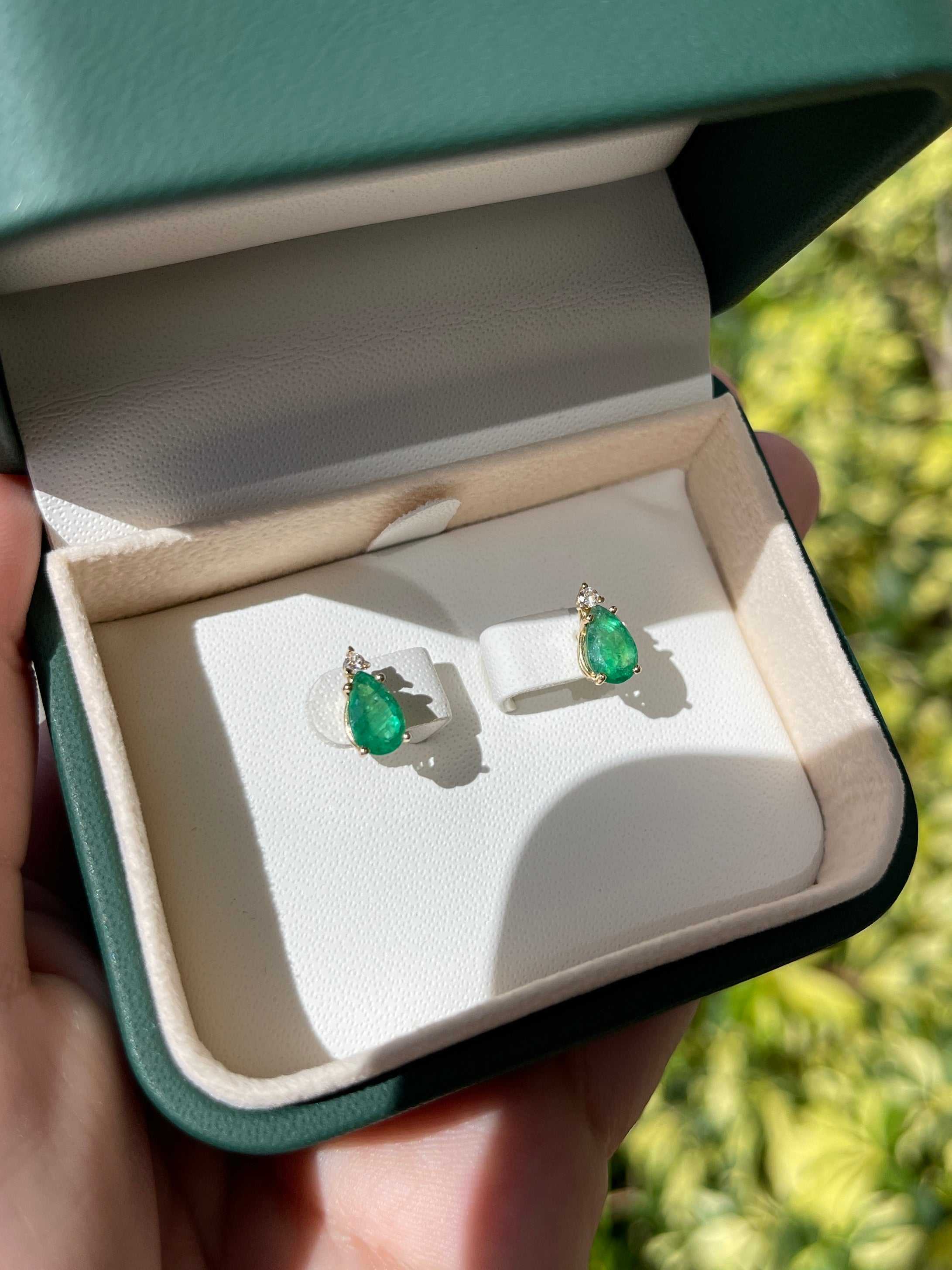 1.66tcw Tear Drop Natural Emerald & Diamond Stud Earrings 14K - Image 8