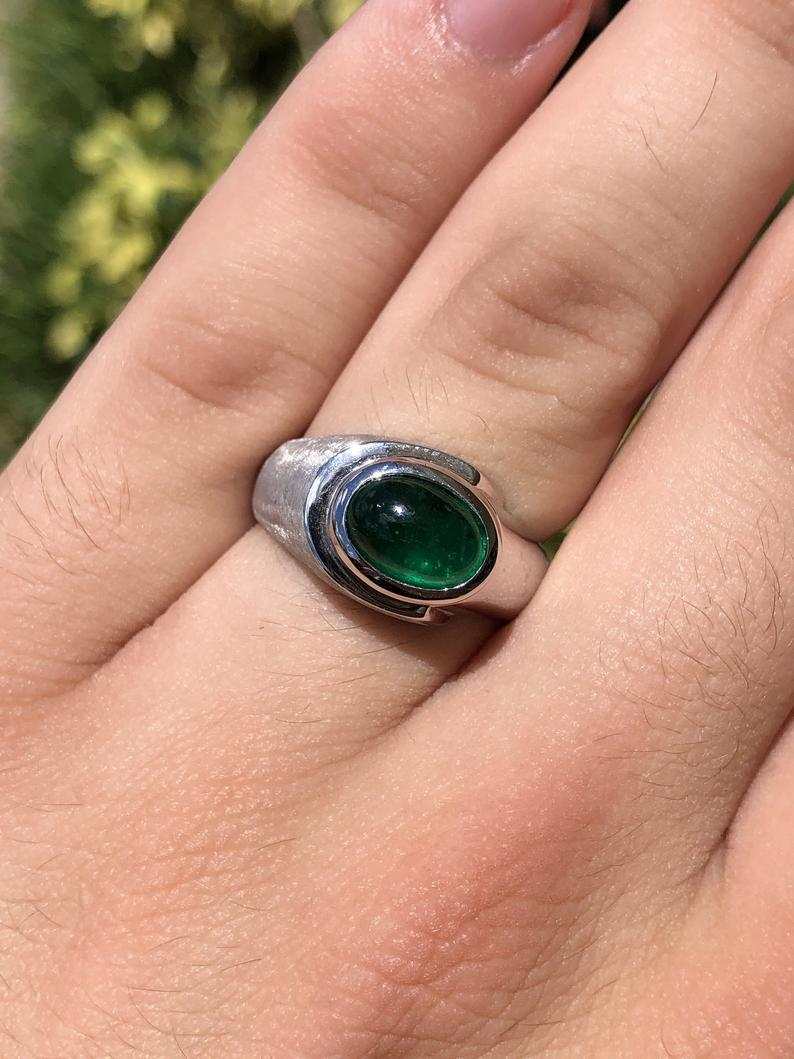 1.70 Carat Dark Top Green Emerald Cabochon Mens Ring 14K - Image 6