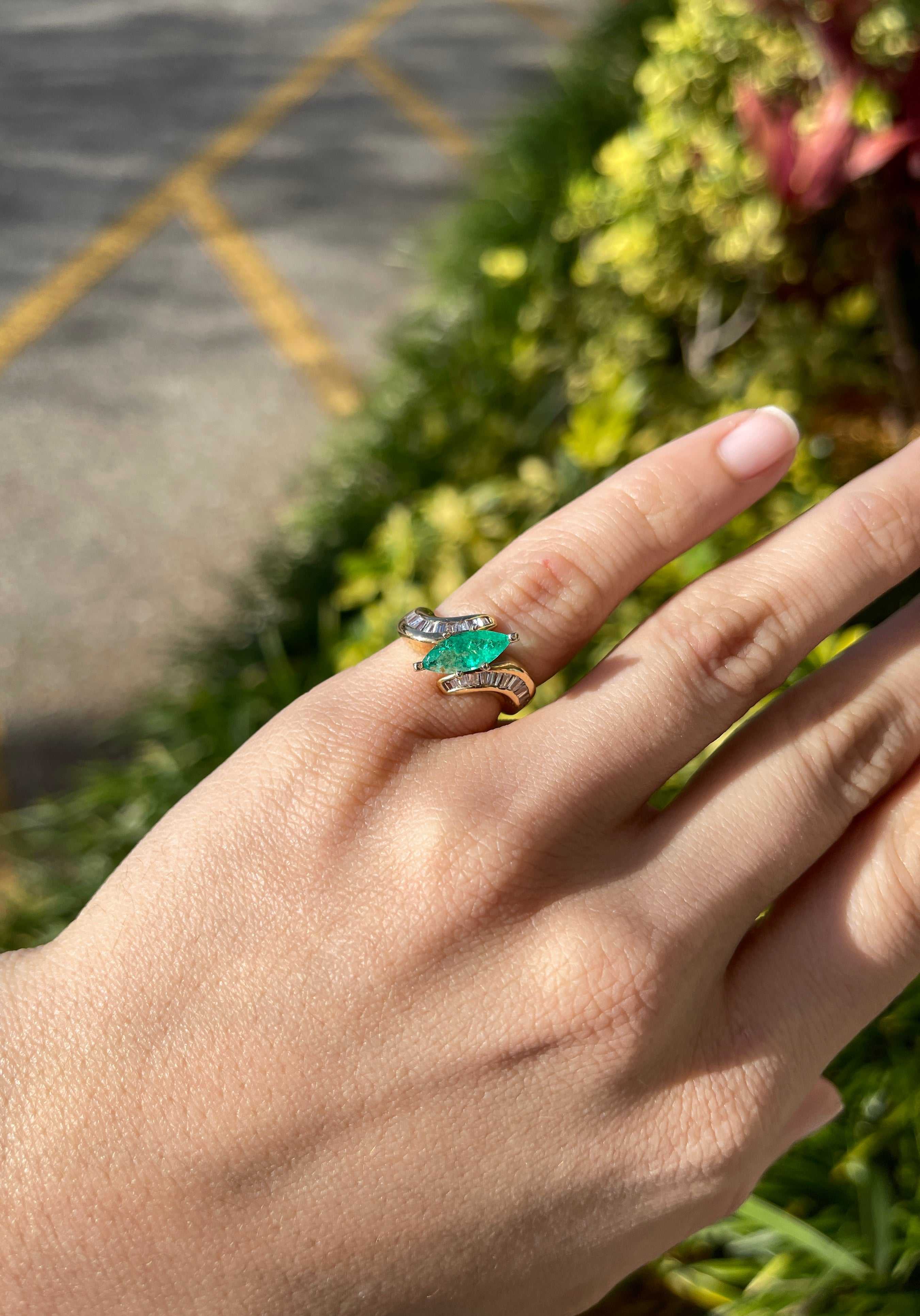 1.70tcw 14K Marquise Emerald & Channel Set Diamond Baguette Statement Ring - Image 5