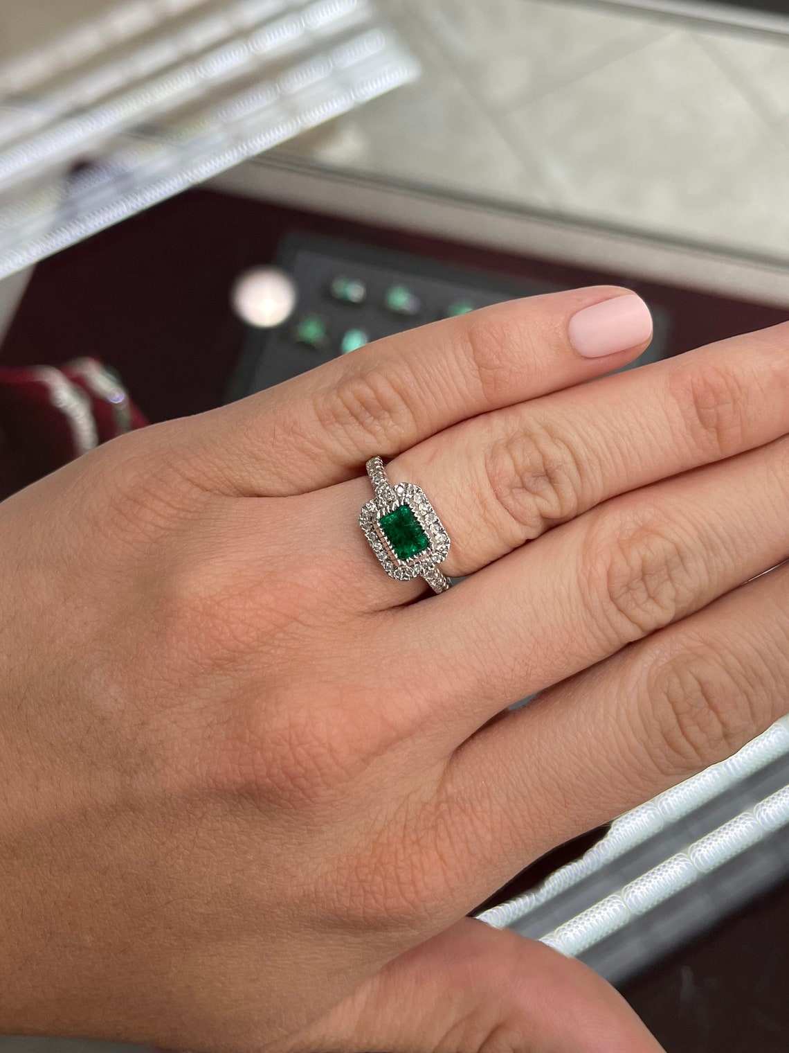 1.70tcw East To West Emerald & Diamond Halo Engagement Ring 14K White - Image 3