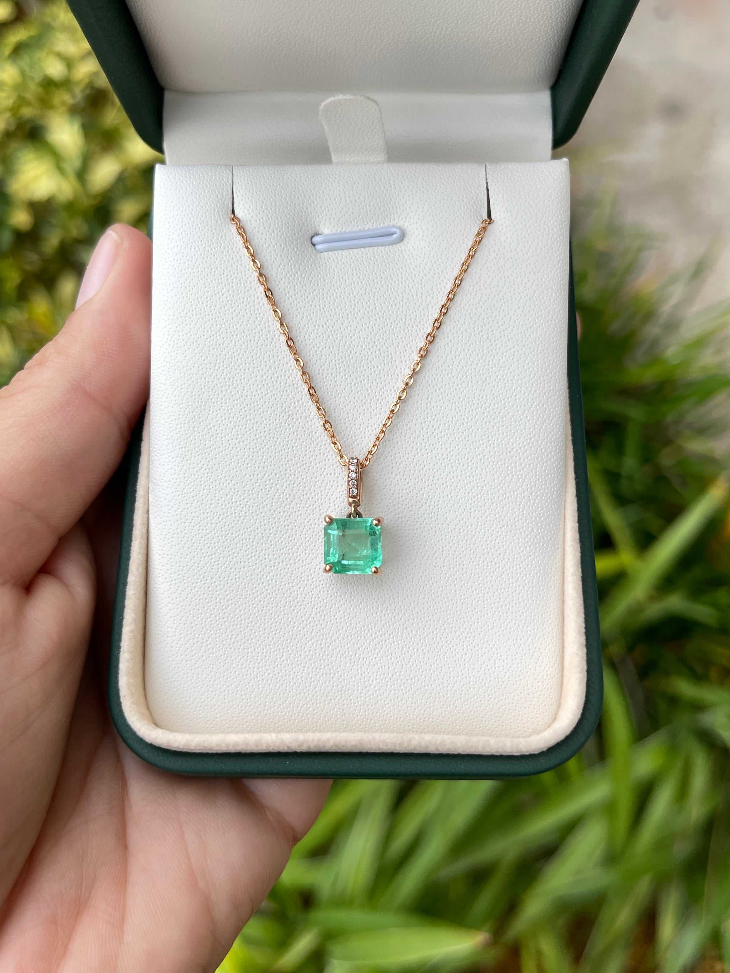 1.95tcw Asscher Colombian Emerald & Diamond Bale Rose Gold Necklace 14K - Image 3