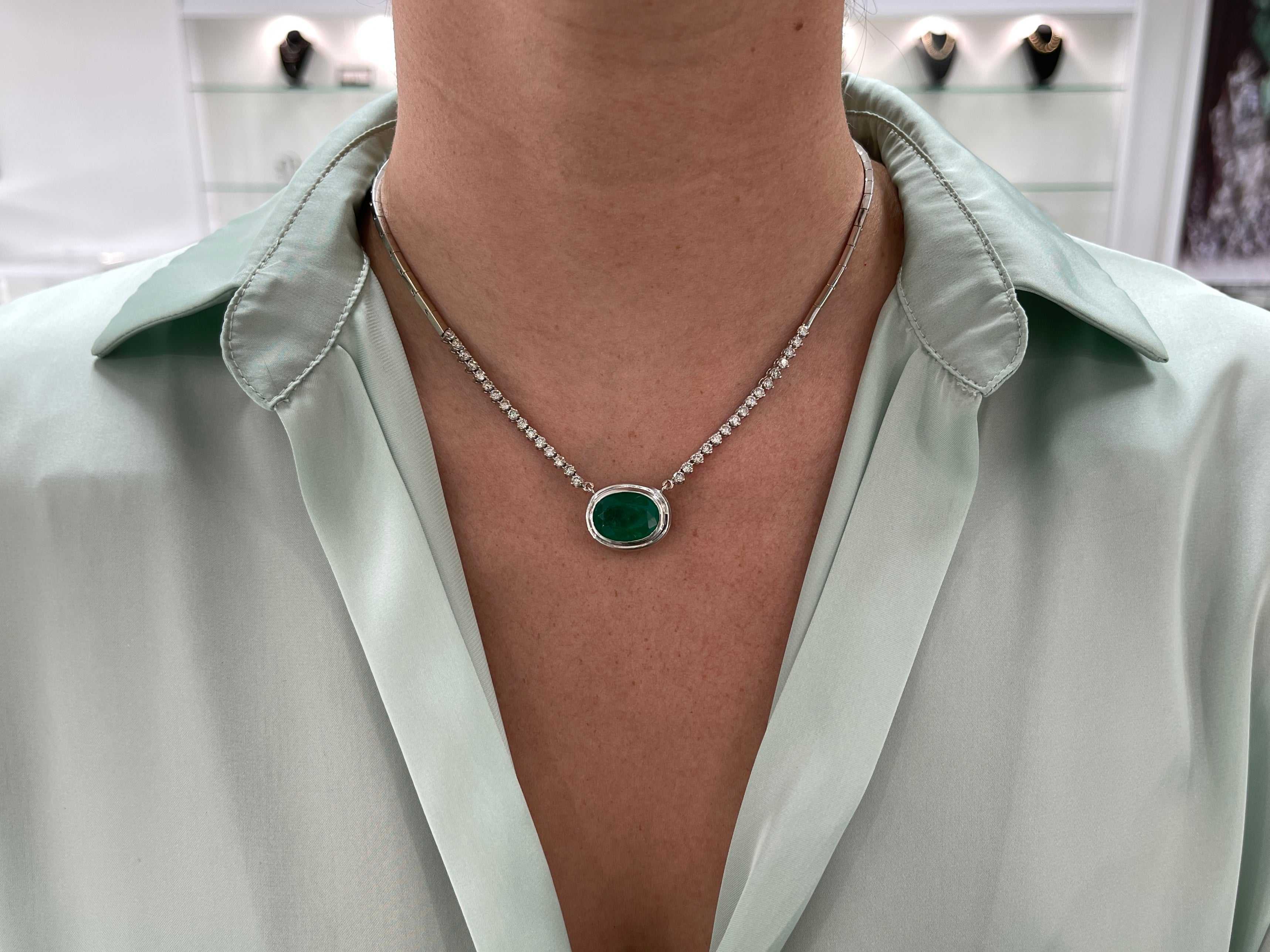 10.83tcw Oval Emerald & Diamond Hepburn Statement Necklace 14K - Image 4