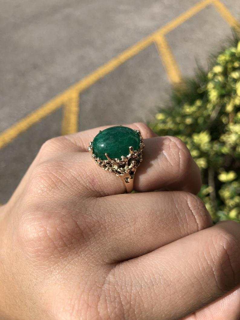 11.90 Carat Large Dark Green Muzo Colombian Emerald Cabochon Nugget Ring 14K - Image 5