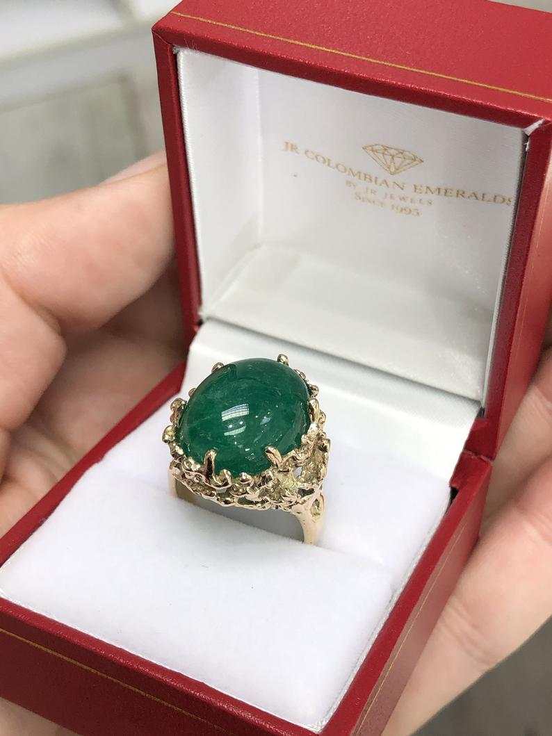 11.90 Carat Large Dark Green Muzo Colombian Emerald Cabochon Nugget Ring 14K - Image 9