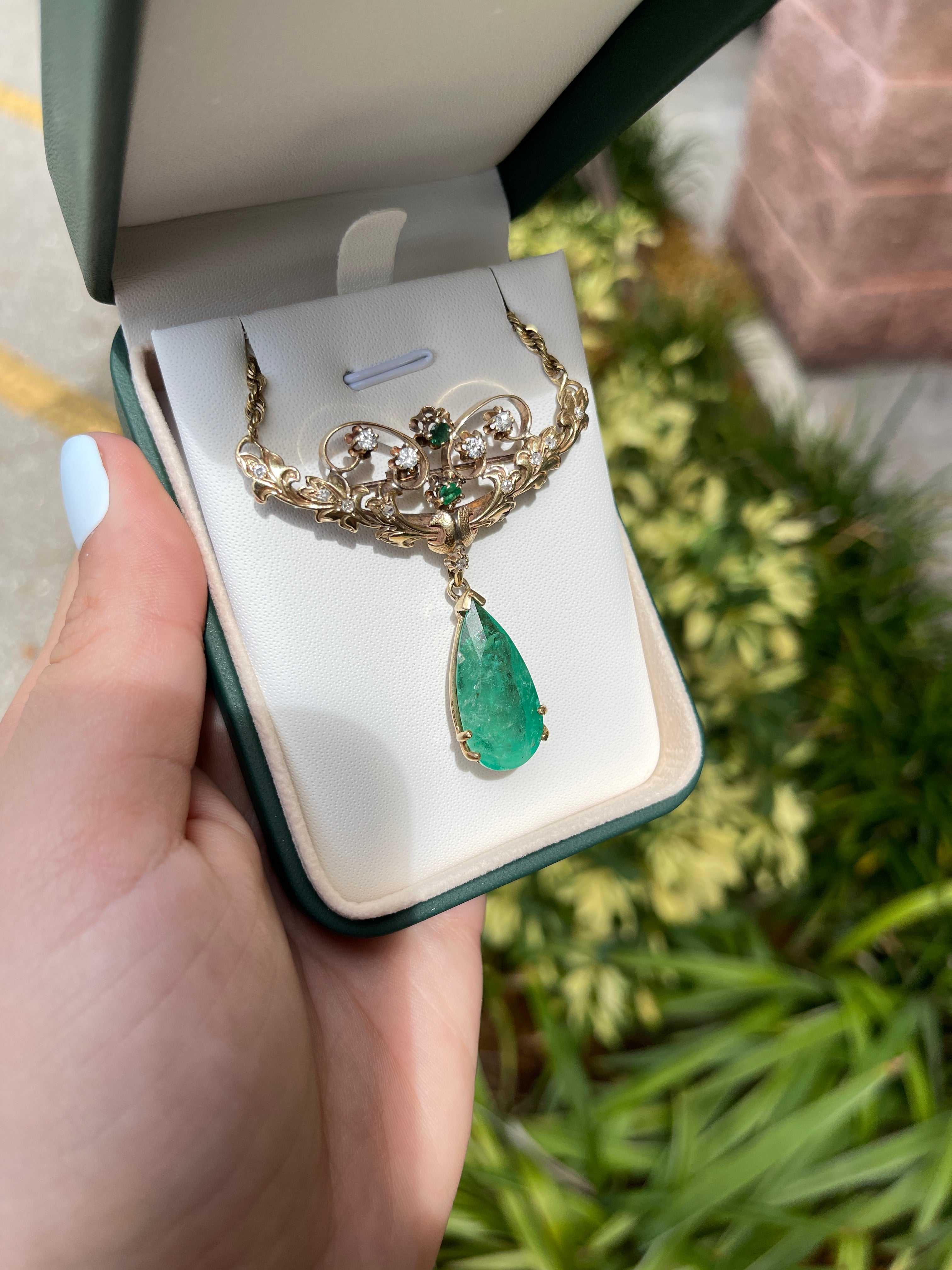 14.97tcw Vintage Pear Colombian Emerald & Diamond Necklace/Brooch 14K - Image 4
