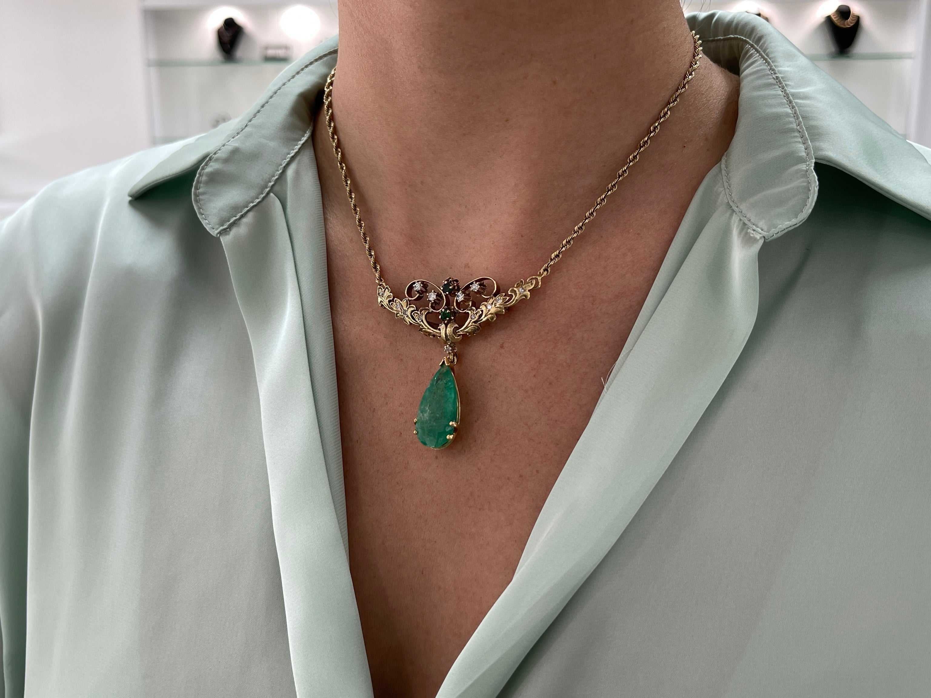 14.97tcw Vintage Pear Colombian Emerald & Diamond Necklace/Brooch 14K - Image 6