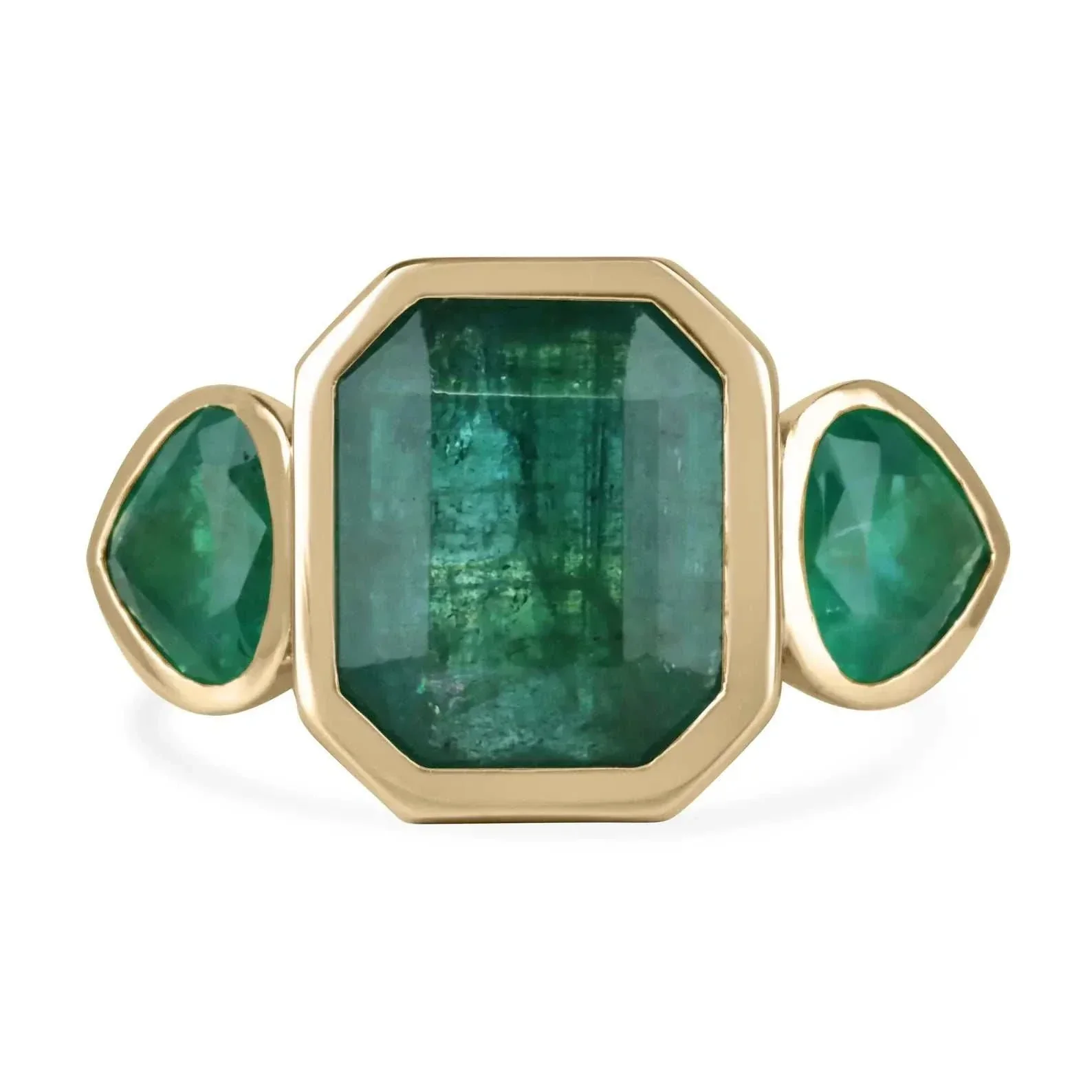 15.44tcw Three-Stone Emerald Ring with 11.32-Carat Zambian Emerald and Pear-Cut Accents in 18K Gold