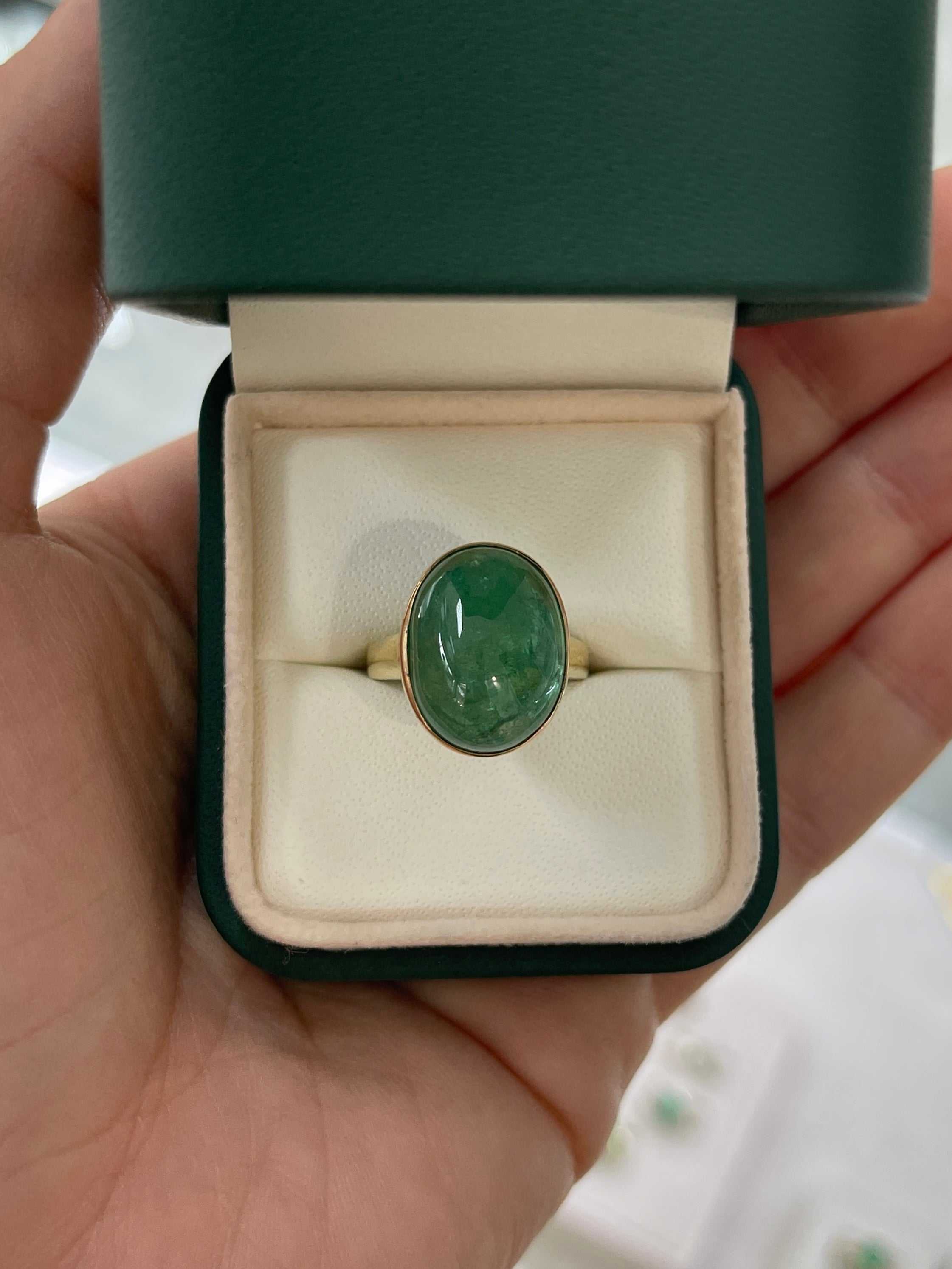 16.37 Carat Large Deep Green Cabochon Emerald Solitaire Bezel Ring 14K - Image 3