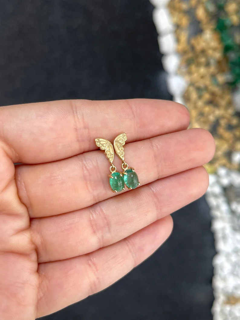 2.05tcw 14K Green Cabochon Oval Cut Emerald Half Butterfly Dangle Earrings - Image 4