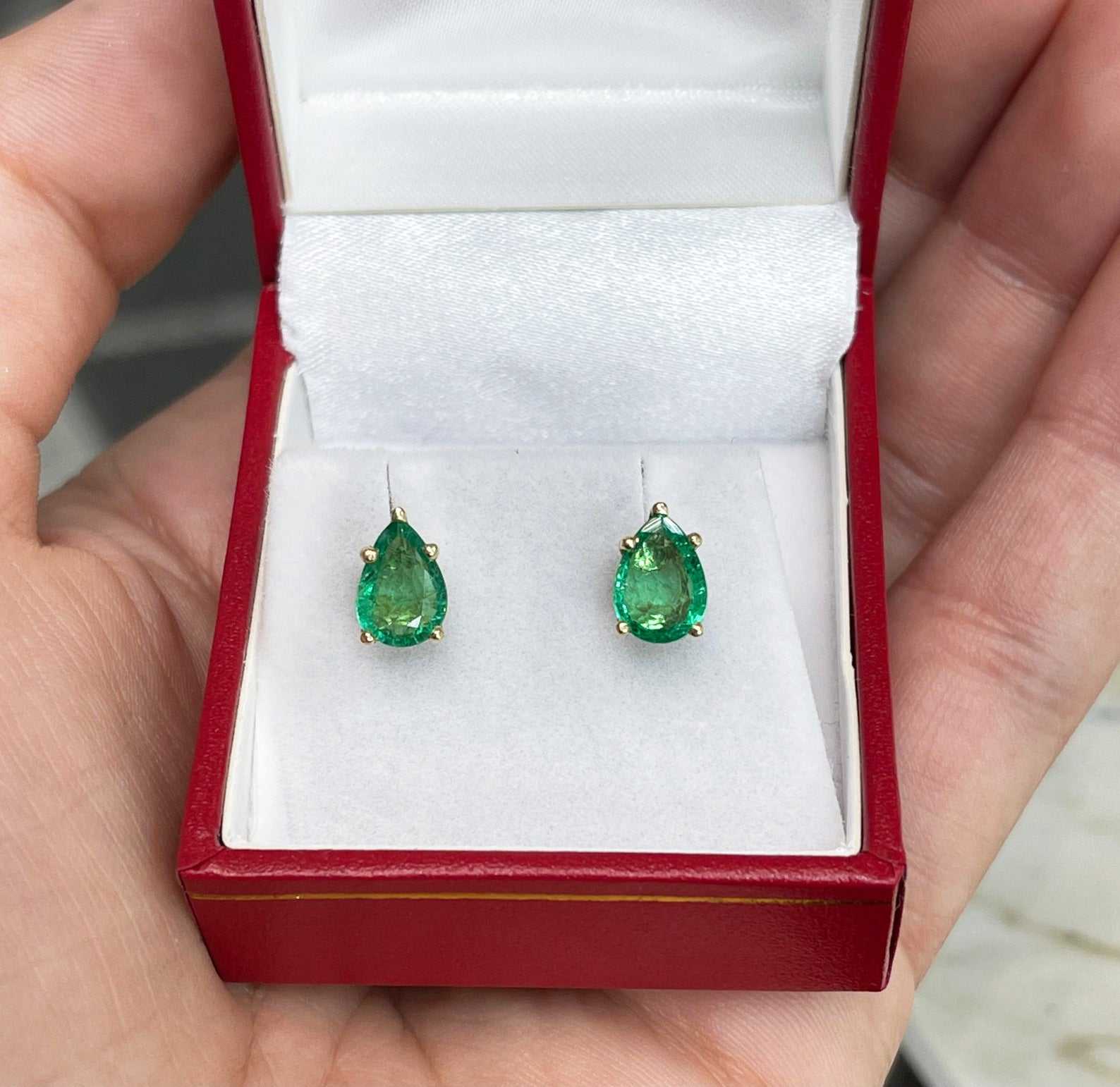 2.08tcw Natural Pear Cut Emerald Rich Green Stud Earrings 14K - Image 6