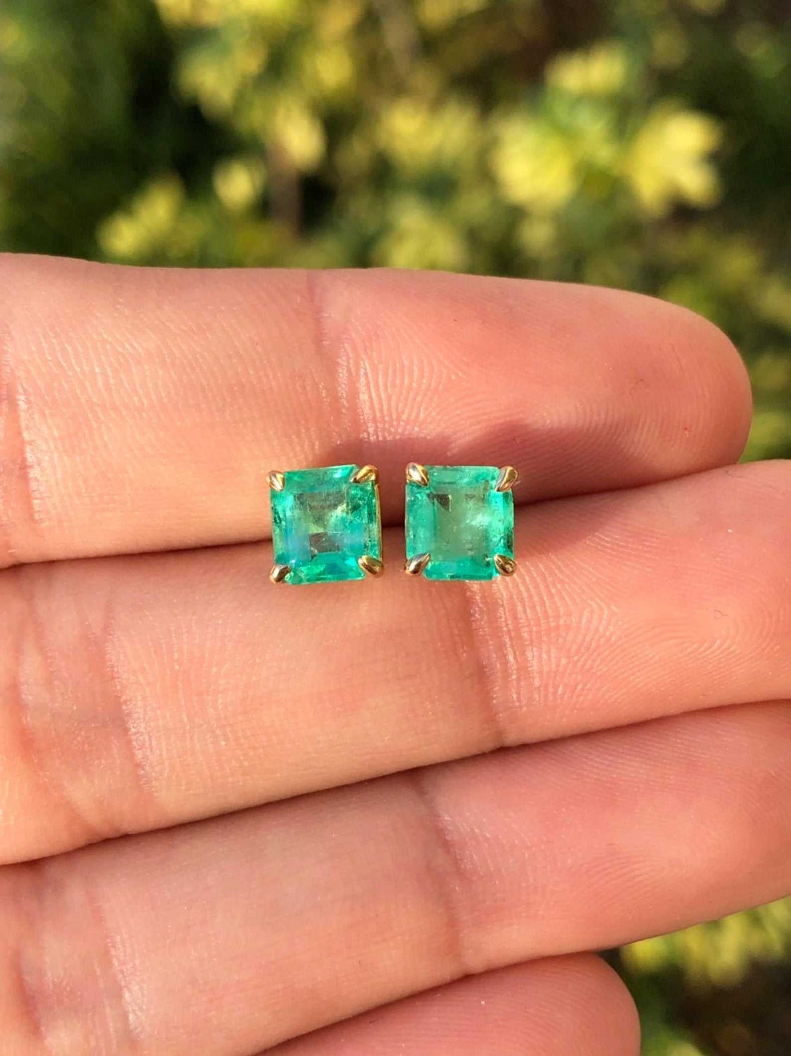 2.0tcw Asscher Cut Emerald Claw prong Solitaire stud Earrings 14K - Image 2