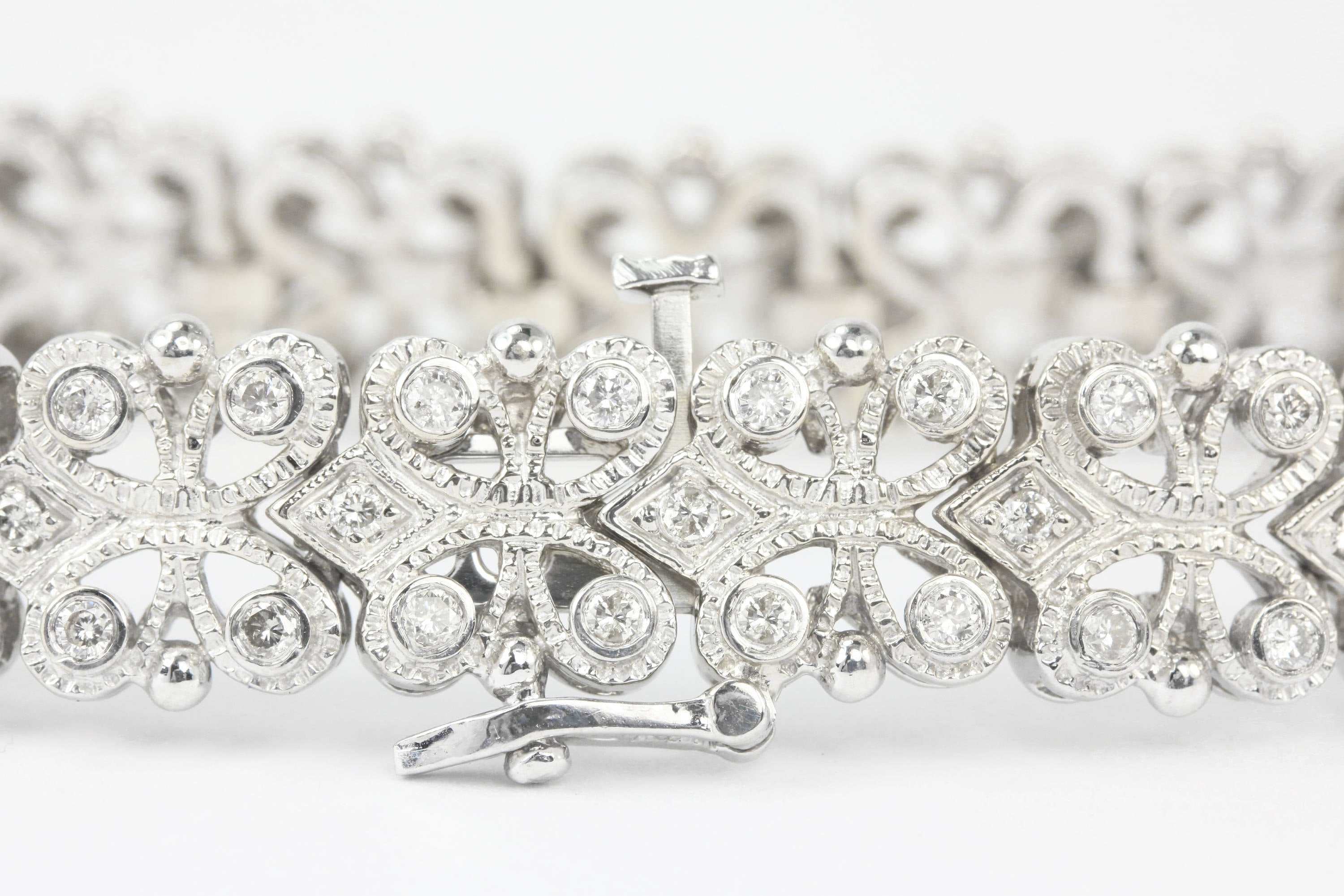 2.0tcw Wide Floral Diamond Tennis Bracelet Art Deco White Gold 14K - Image 3