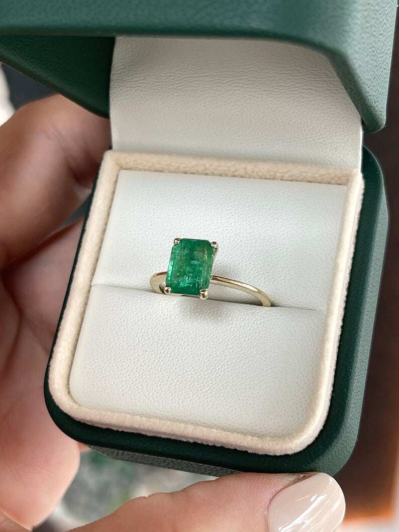 2.10cts 14K Gold 4 Prong Natural Real Emerald Solitaire Right Hand Ring - Image 7