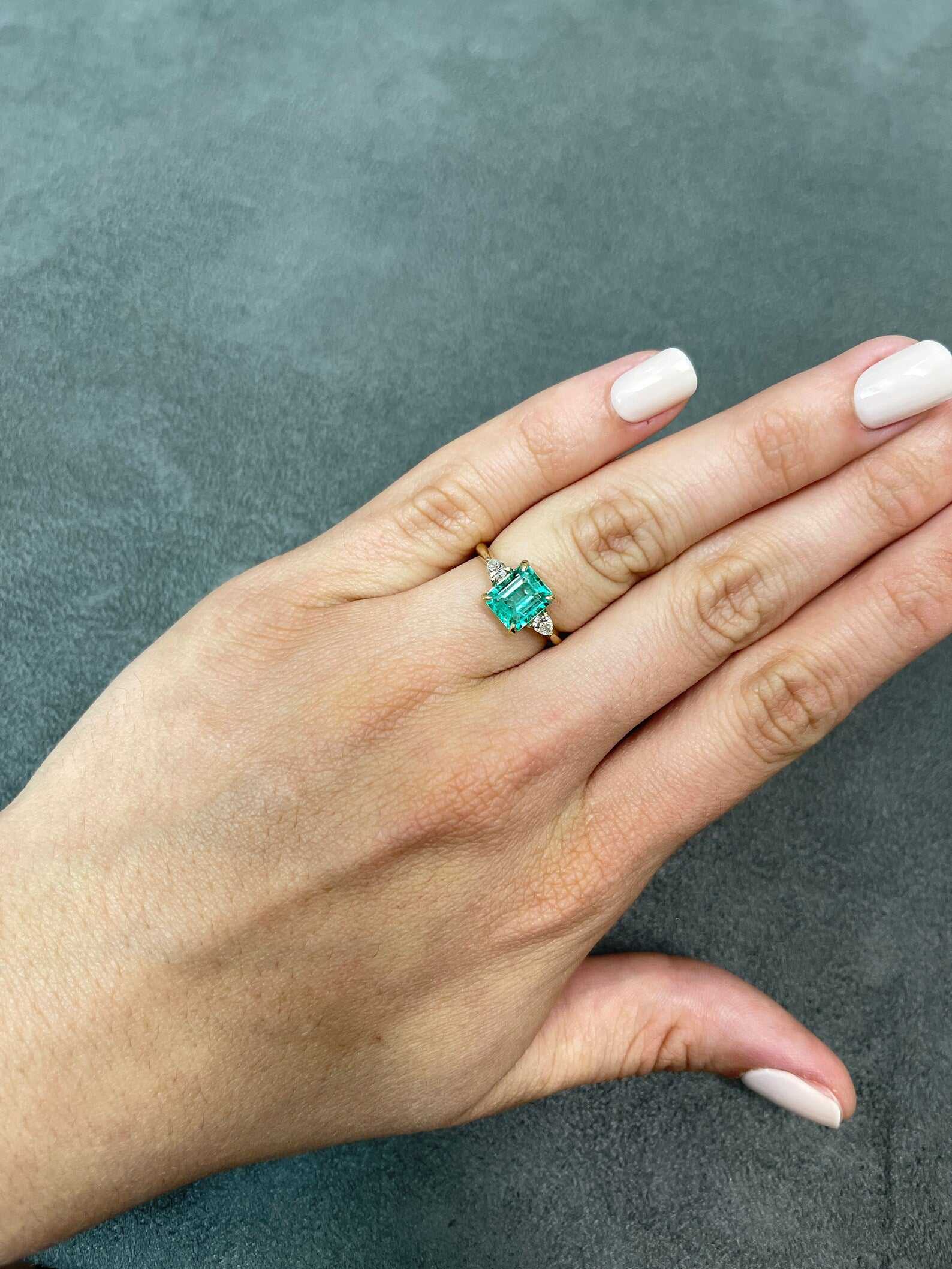 2.11tcw Three Stone Asscher Emerald & Pear Diamond Engagement Ring 14K - Image 5