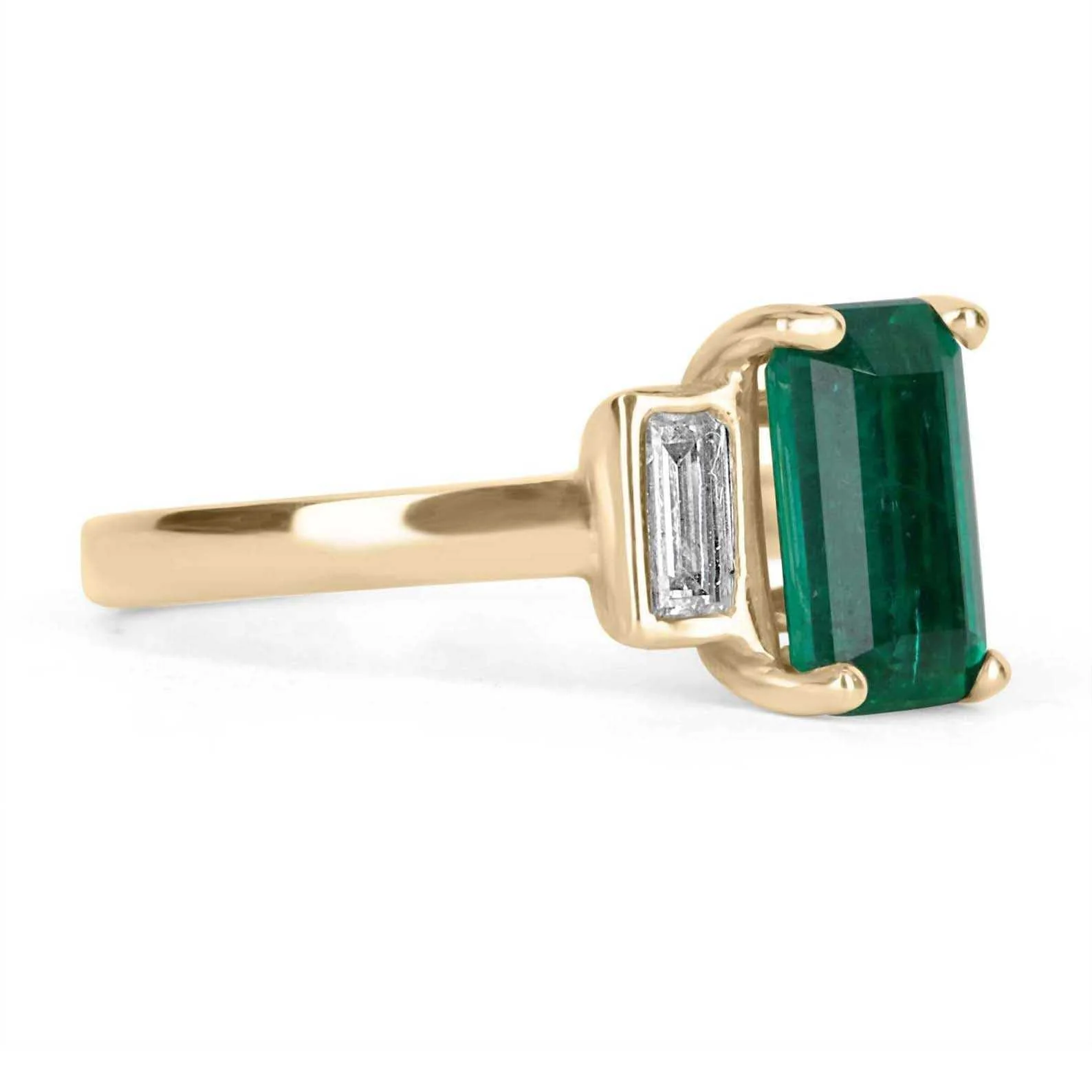 2.15tcw 18K Three Stone Emerald Cut Emerald & Diamond Ring - Image 2