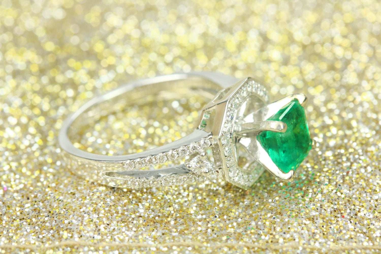 2.17tcw Square Emerald & Diamond Halo Engagement Ring 14k - Image 4