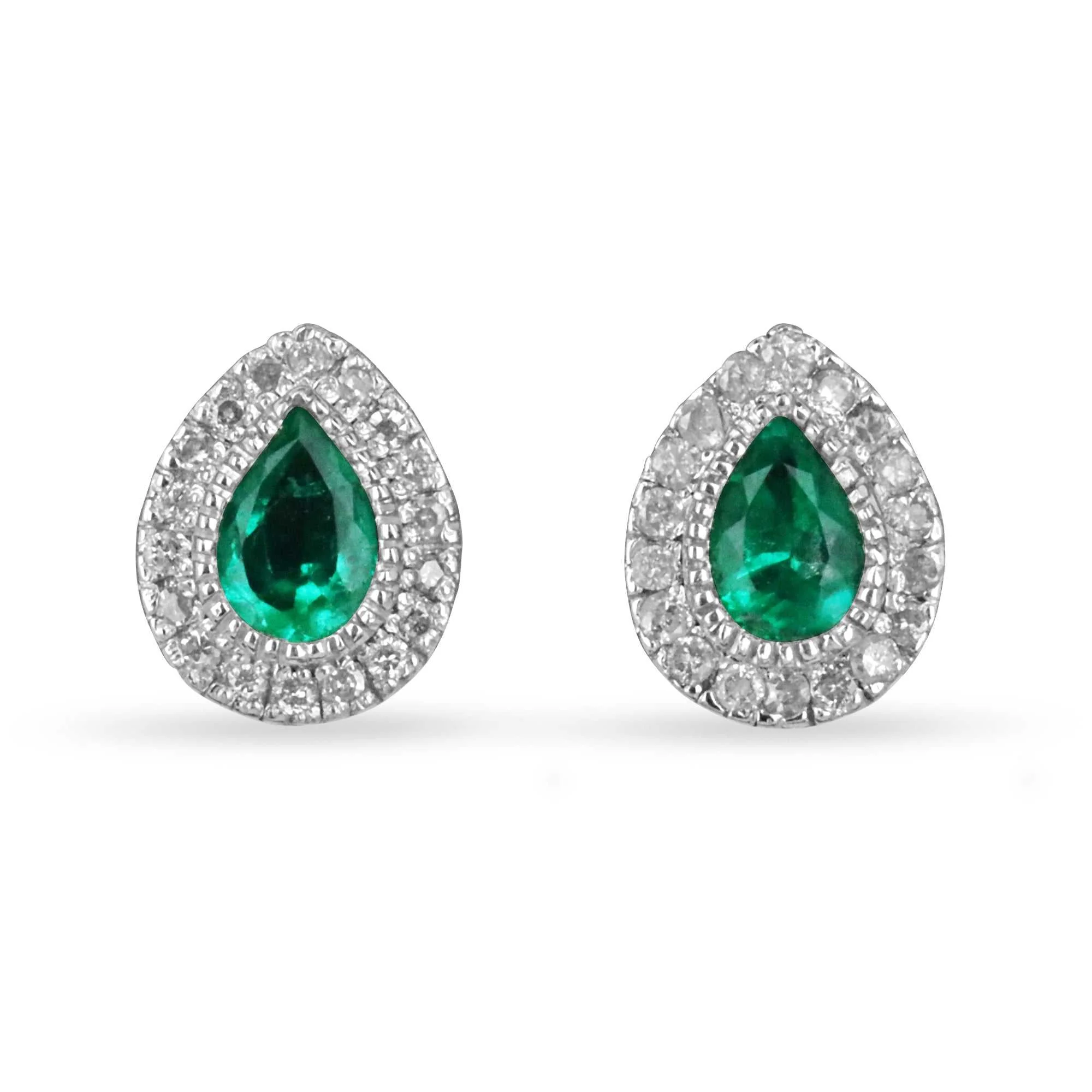 2.20tcw Pear Emerald & Salt & Pepper Diamond Halo White Gold Screw Back Studs 14K
