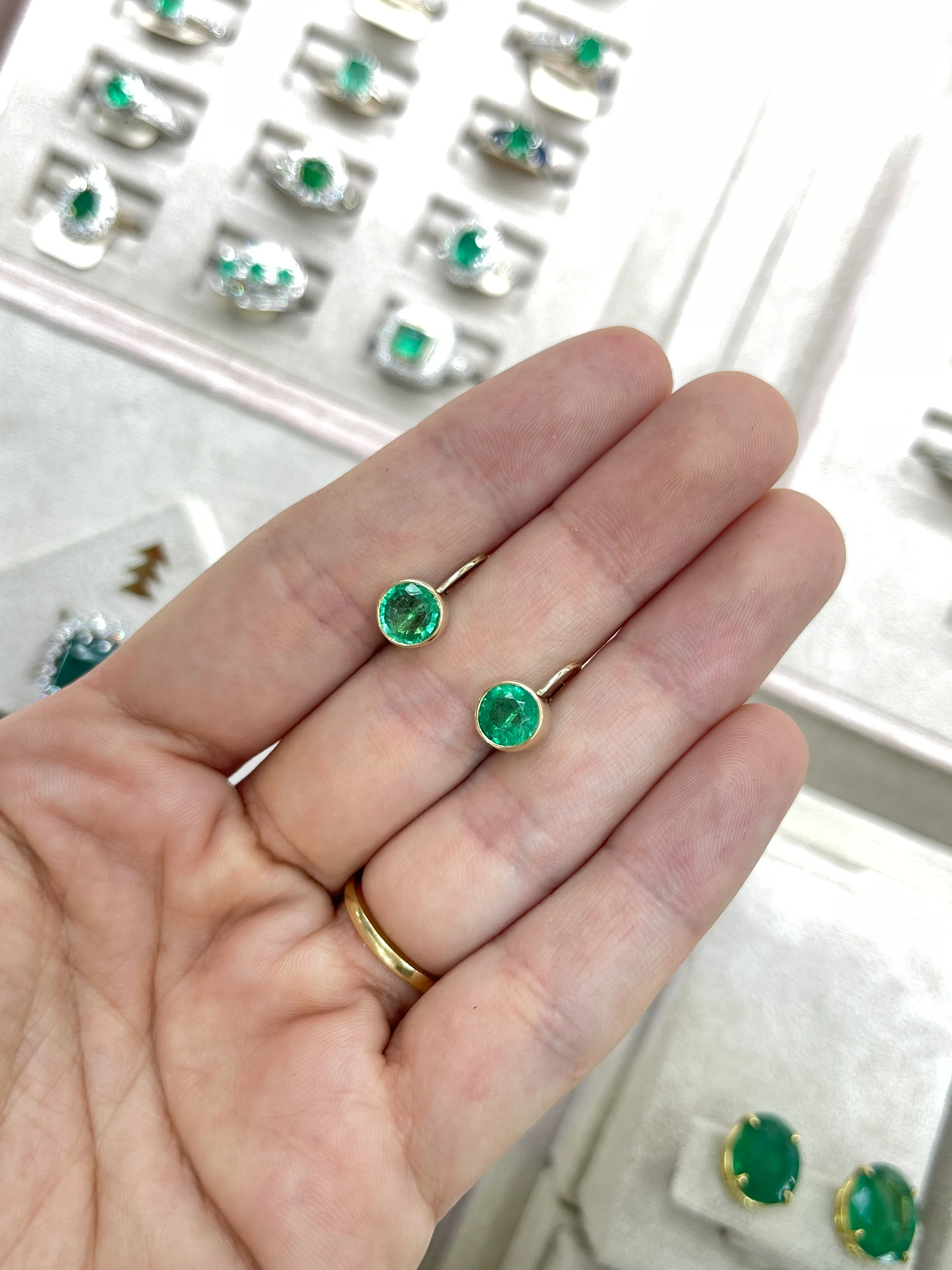 2.30tcw Rich Green Round Emerald Bezel Leverback Dangle Earrings 14K Yellow - Image 4
