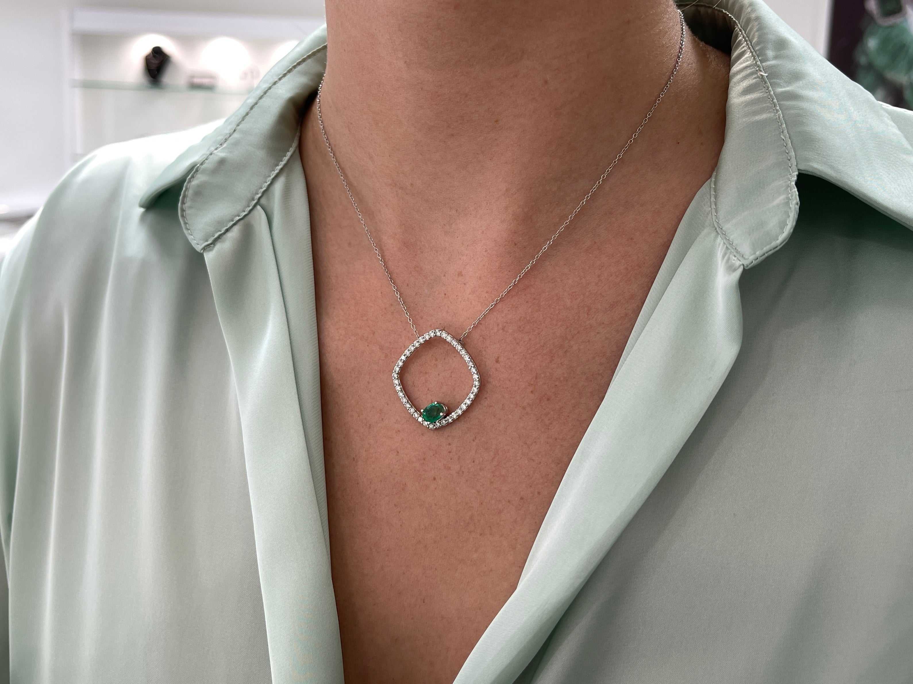 2.40tcw Floating Oval Emerald & Diamond Open Halo Necklace 14K - Image 10